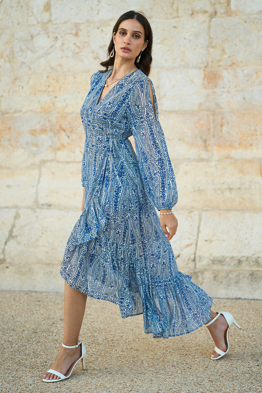 Yumi Blue Paisley Dipped Hemline Midi Dress With Open Long Sleeves Occasionwear Yumi