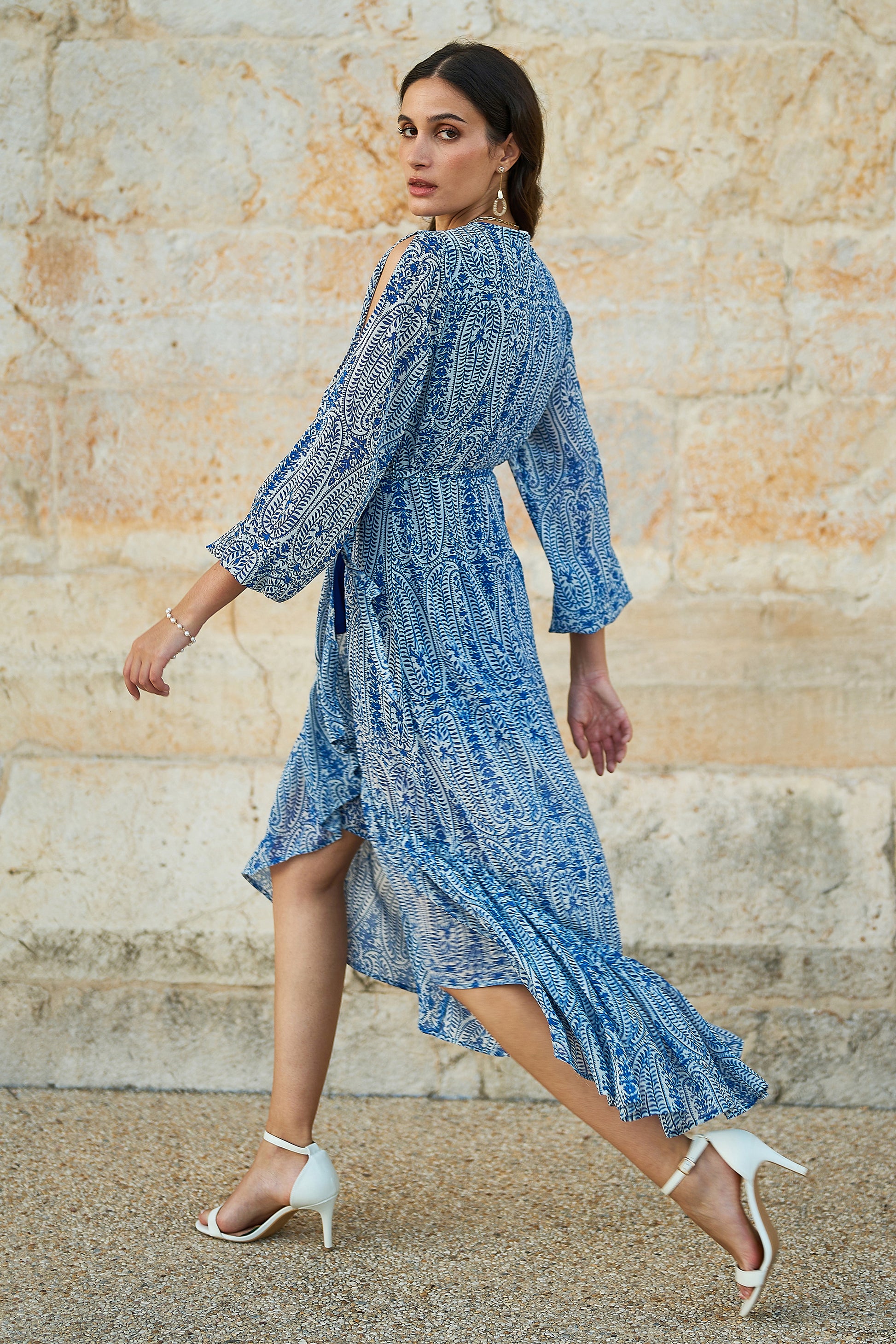 Yumi Blue Paisley Dipped Hemline Midi Dress With Open Long Sleeves Occasionwear Yumi