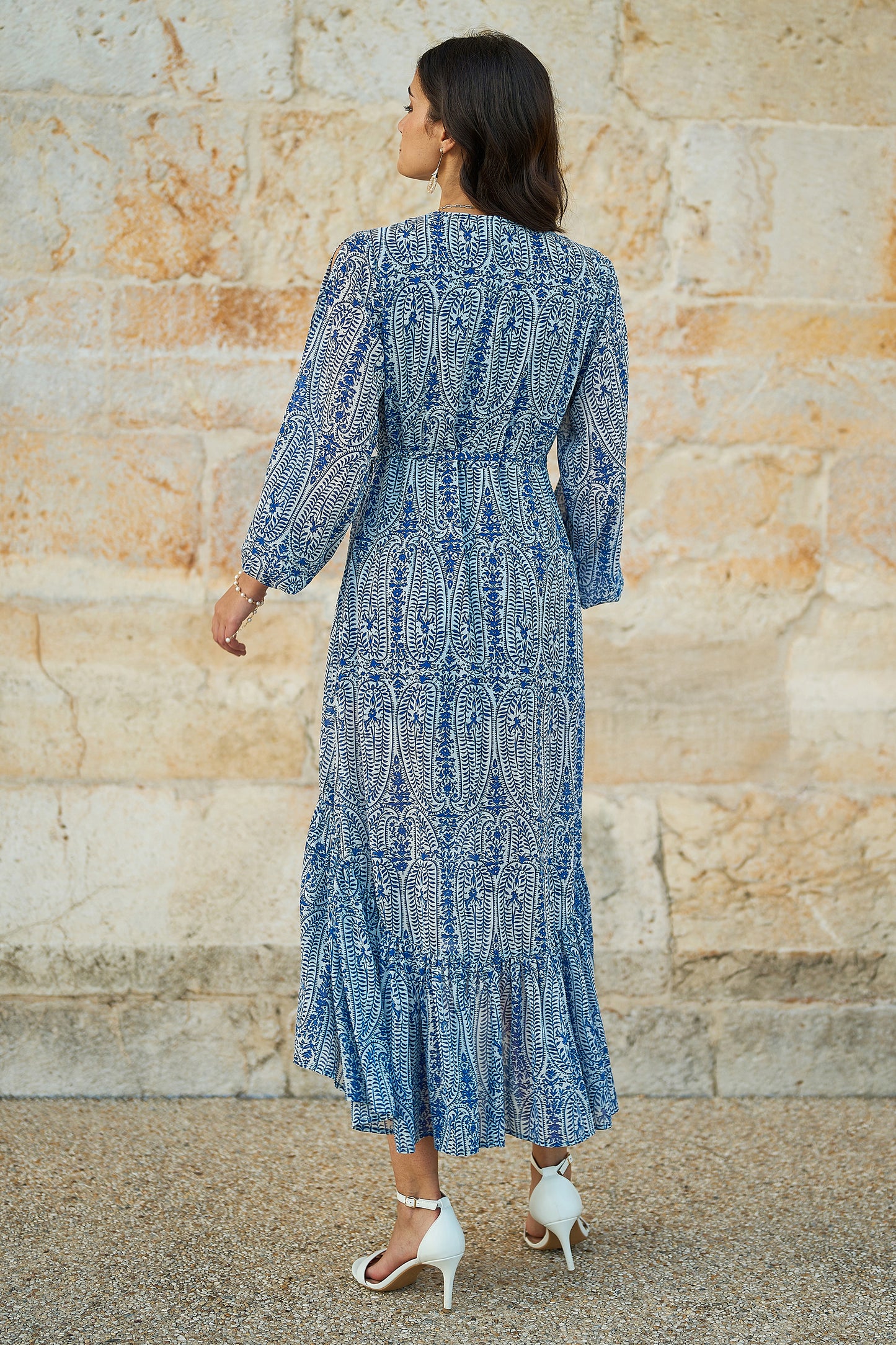 Yumi Blue Paisley Dipped Hemline Midi Dress With Open Long Sleeves Occasionwear Yumi