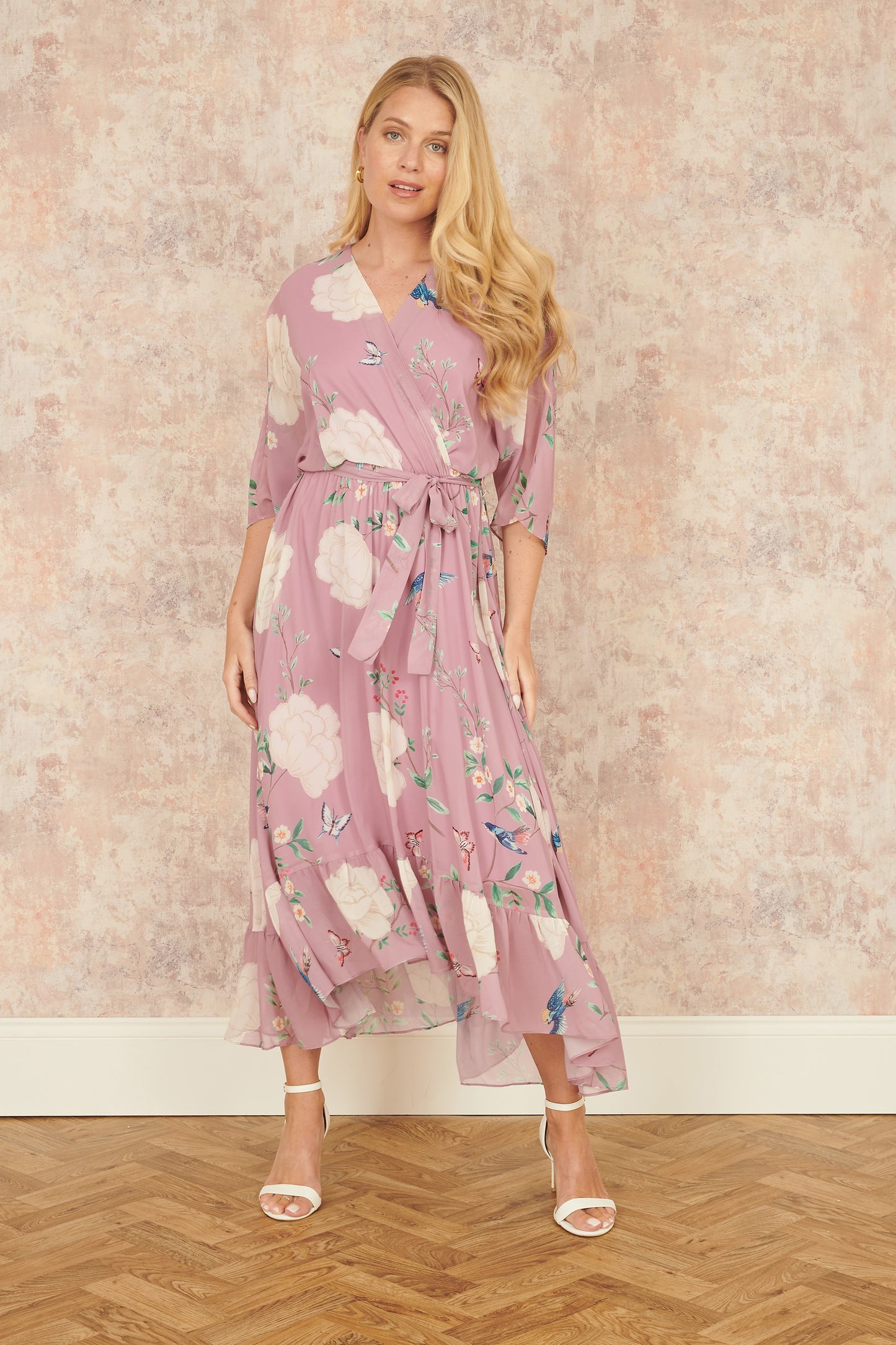 Yumi Pink Bird and Floral Print Midi Wrap Dress Occasionwear Yumi