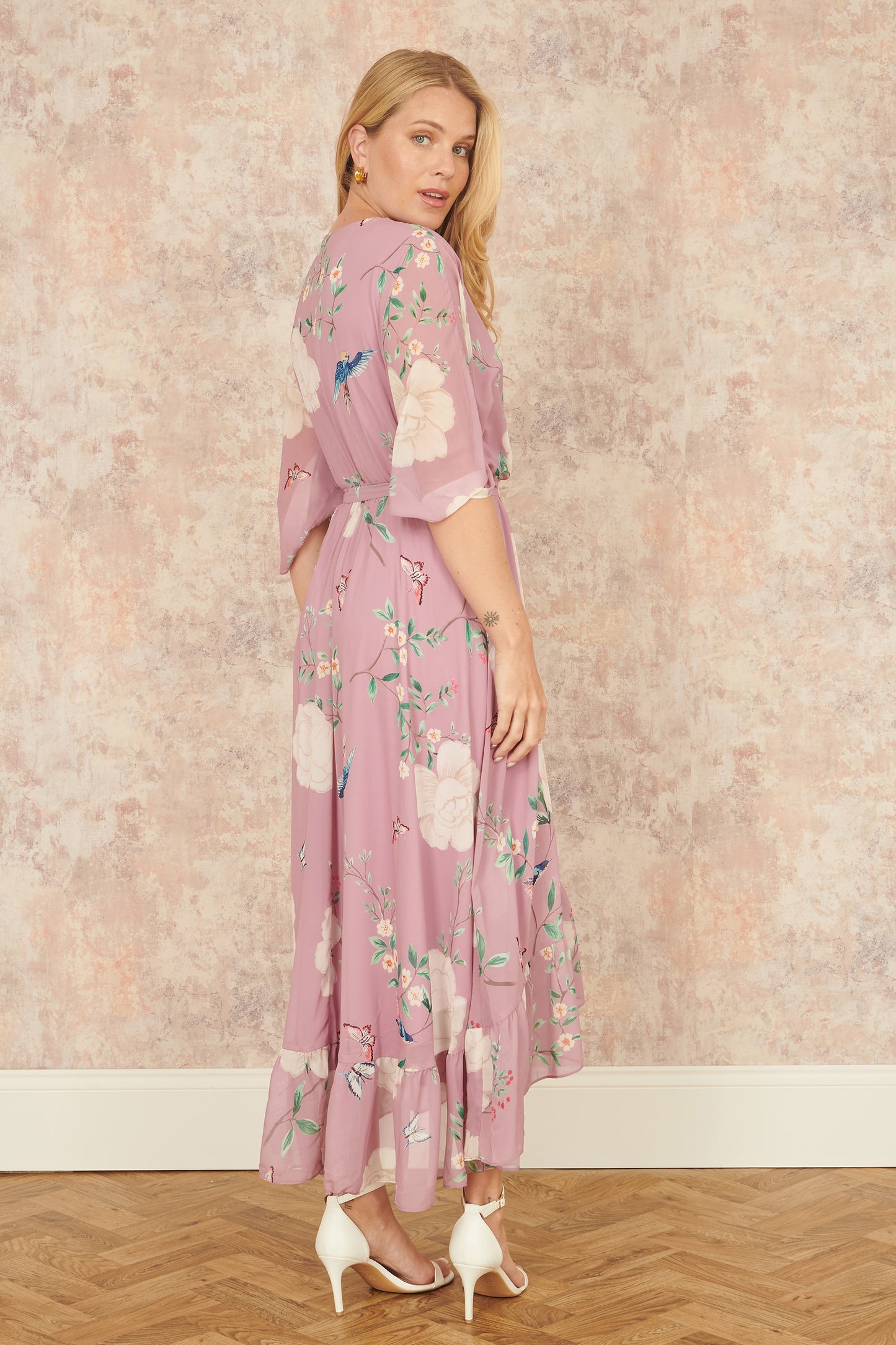 Yumi Pink Bird and Floral Print Midi Wrap Dress Occasionwear Yumi