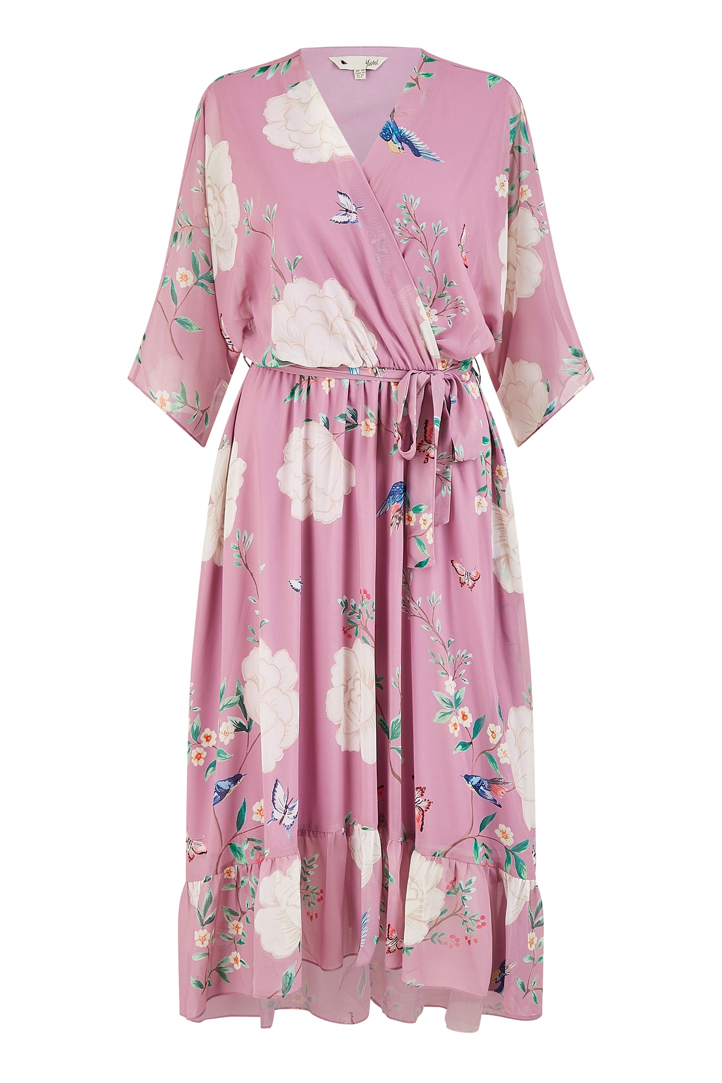 Yumi Pink Bird and Floral Print Midi Wrap Dress Occasionwear Yumi