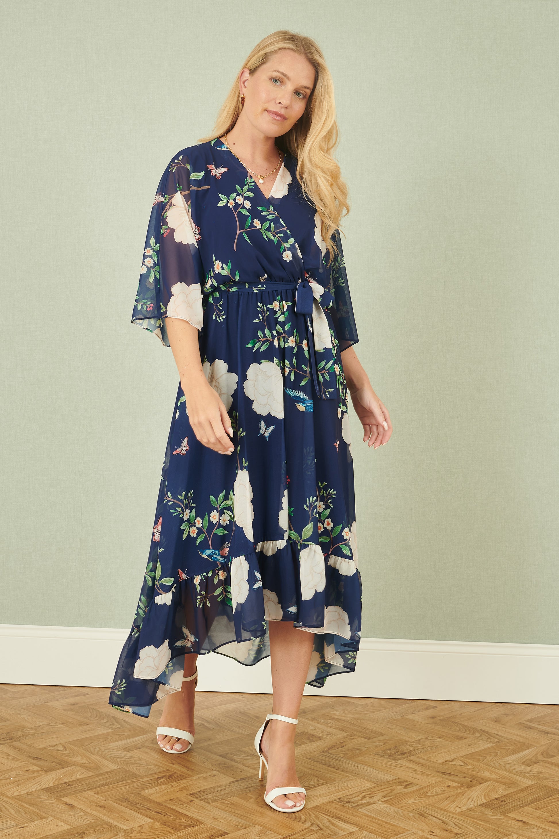 Yumi Navy Bird and Floral Print Midi Wrap Dress Occasionwear Yumi