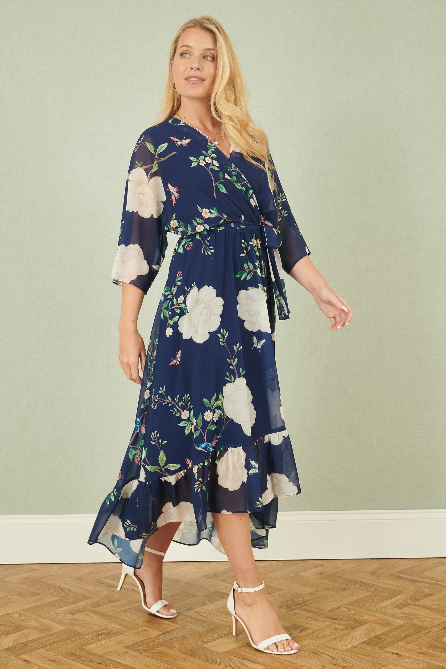 Yumi Navy Bird and Floral Print Midi Wrap Dress Occasionwear Yumi