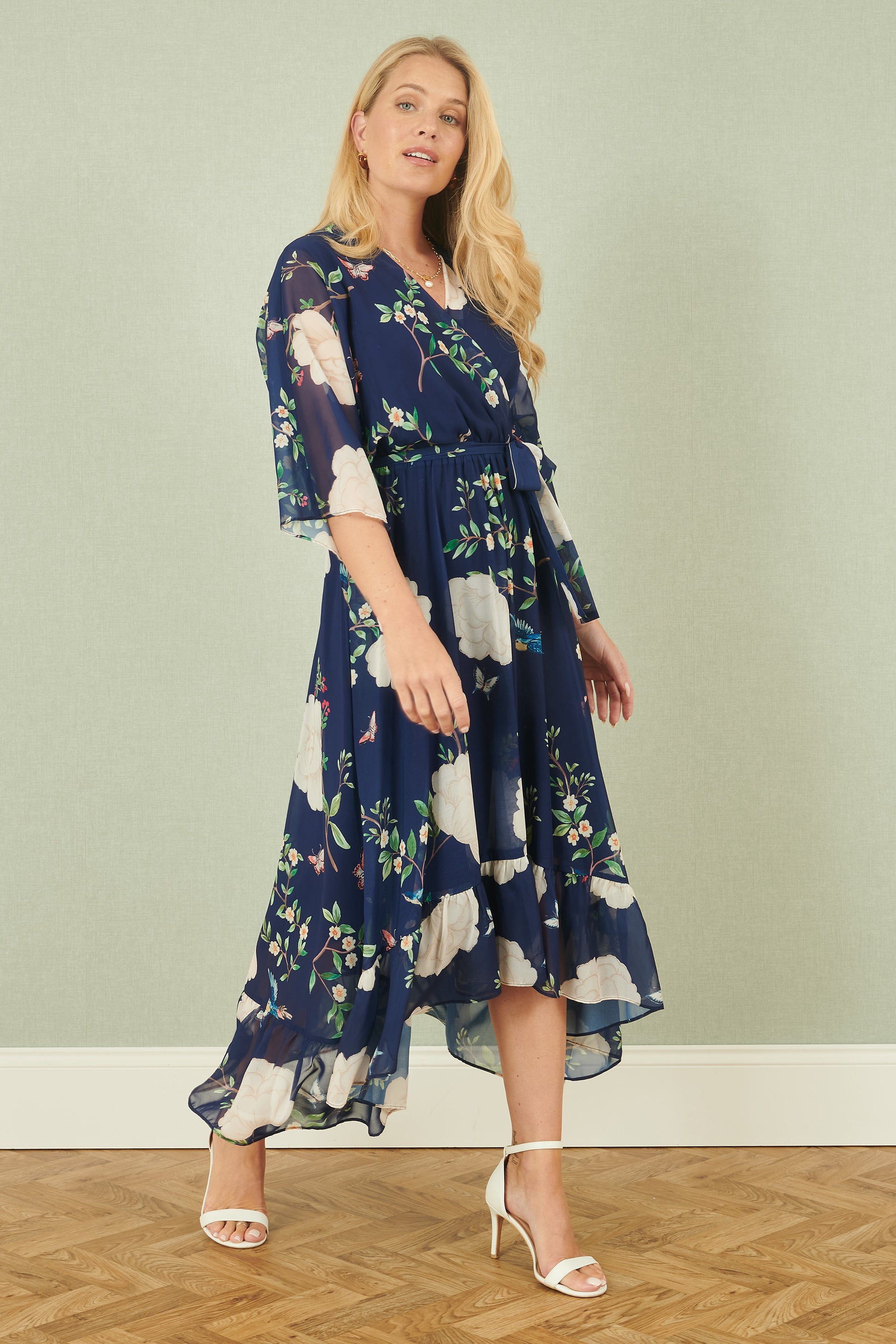 Yumi Navy Bird and Floral Print Midi Wrap Dress Occasionwear Yumi