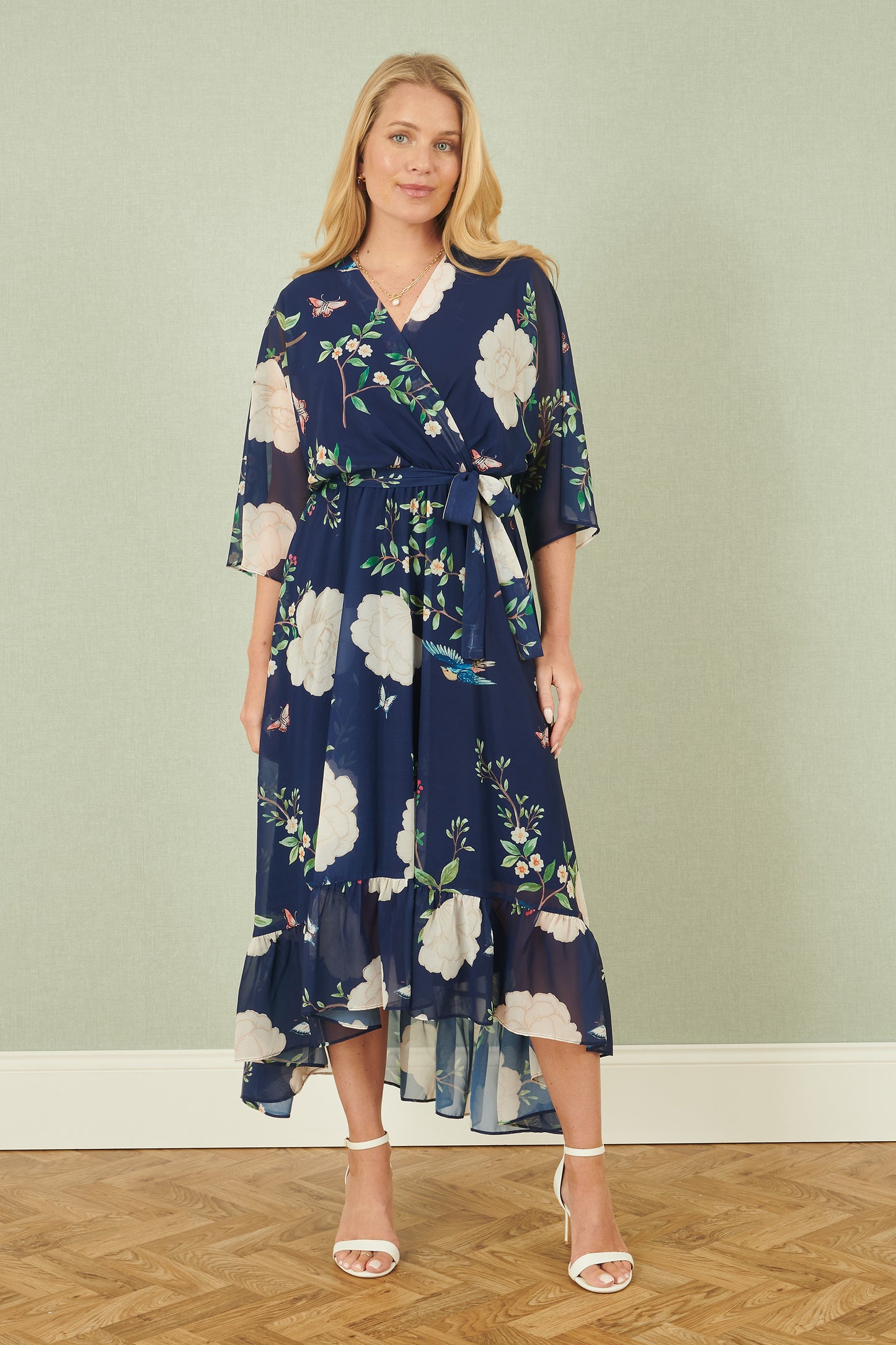 Yumi Navy Bird and Floral Print Midi Wrap Dress Occasionwear Yumi