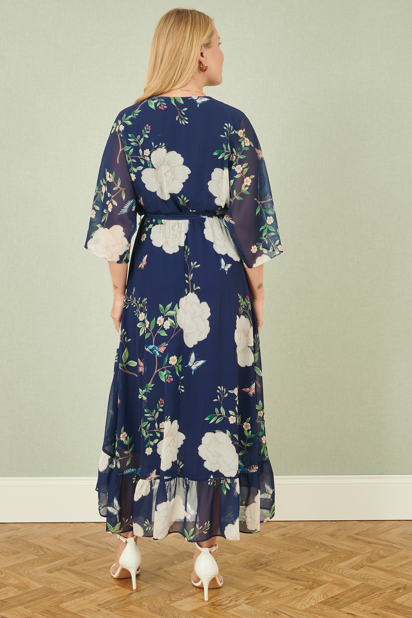 Yumi Navy Bird and Floral Print Midi Wrap Dress Occasionwear Yumi