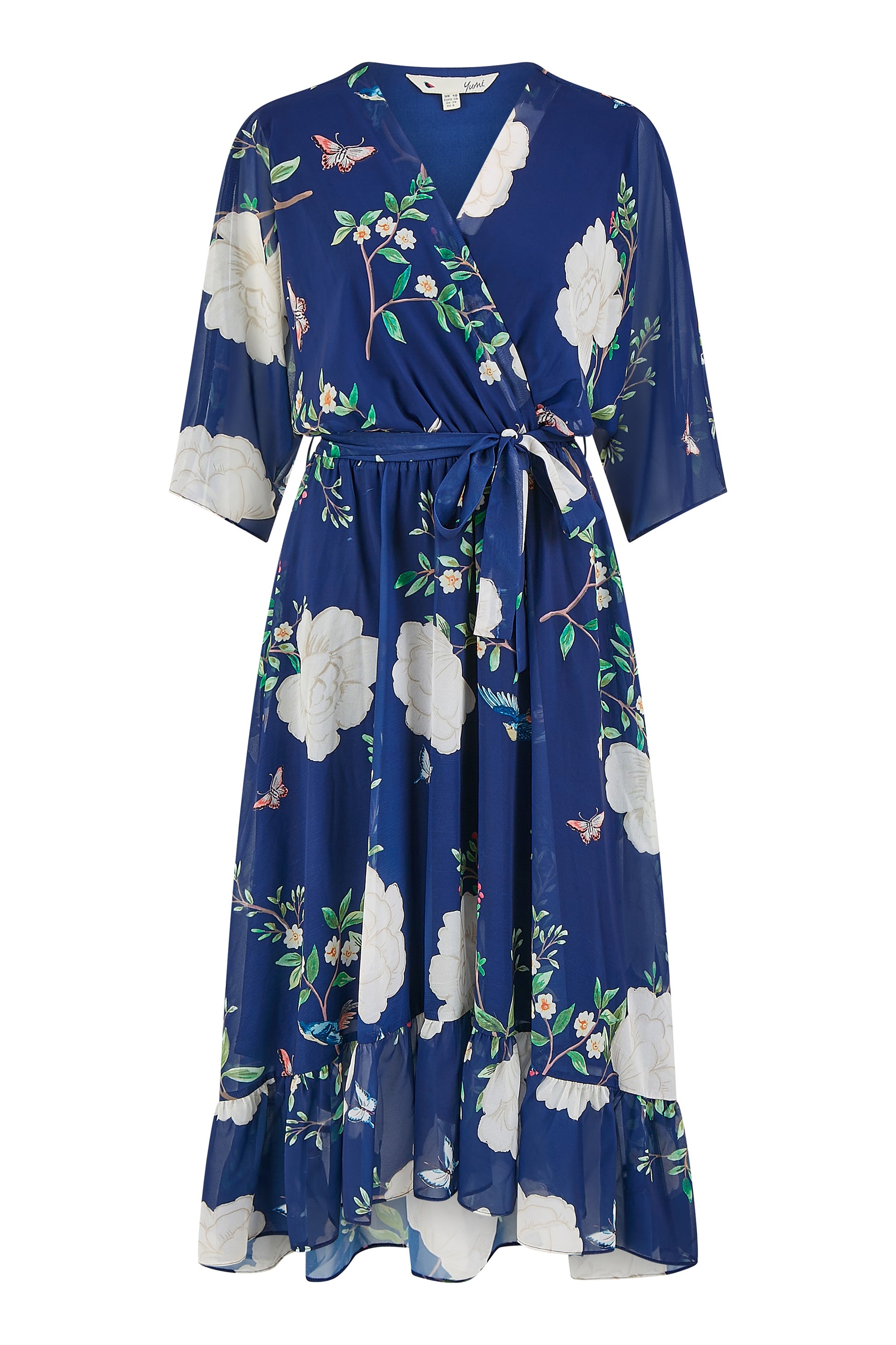 Yumi Navy Bird and Floral Print Midi Wrap Dress Occasionwear Yumi