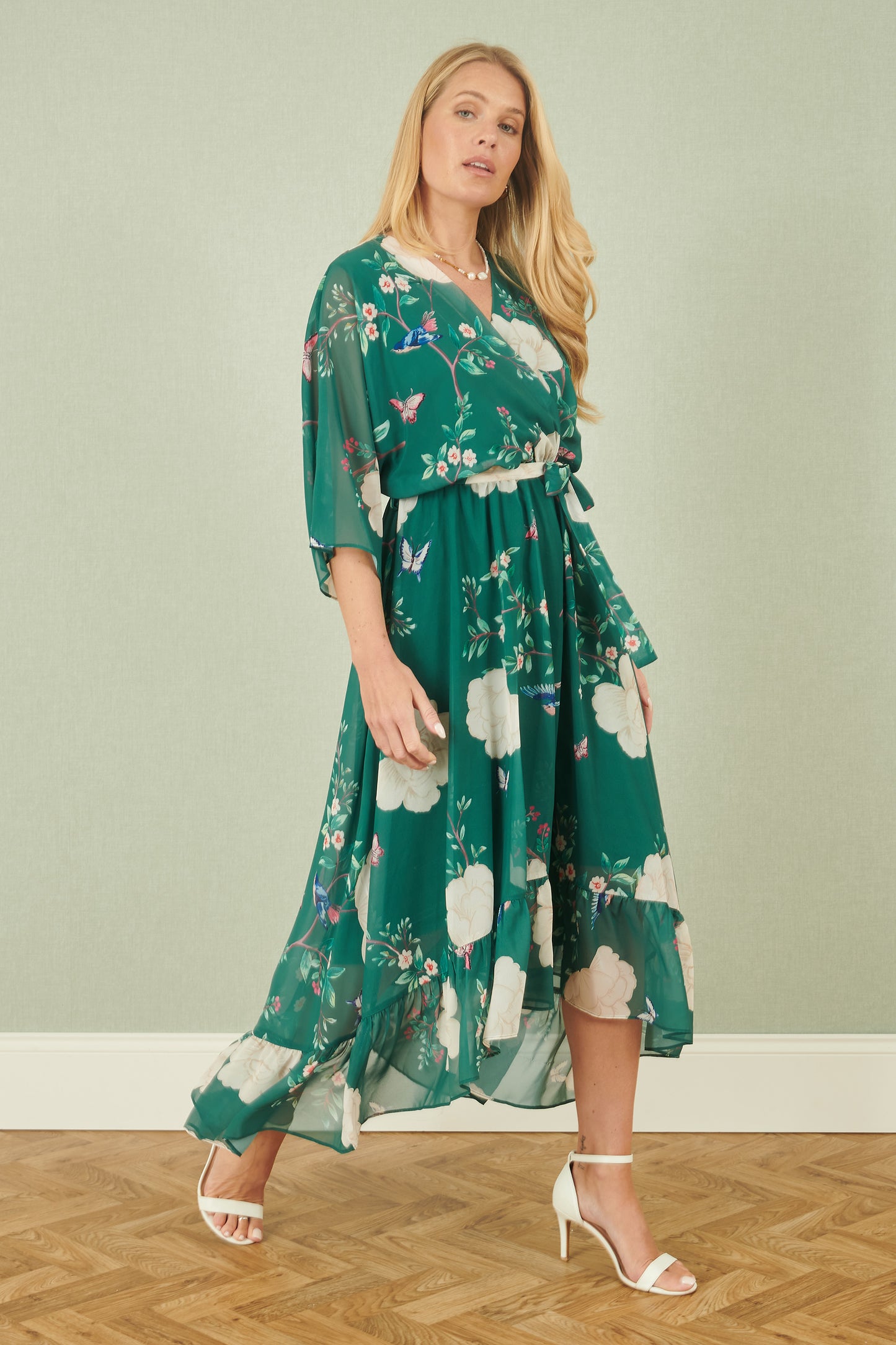 Yumi Green Bird and Floral Print Midi Wrap Dress Occasionwear Yumi