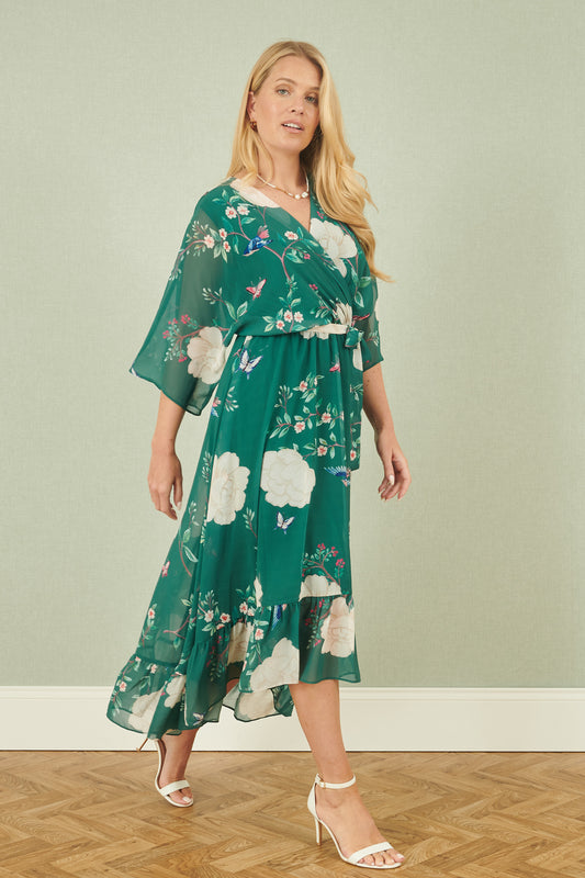 Yumi Green Bird and Floral Print Midi Wrap Dress Occasionwear Yumi