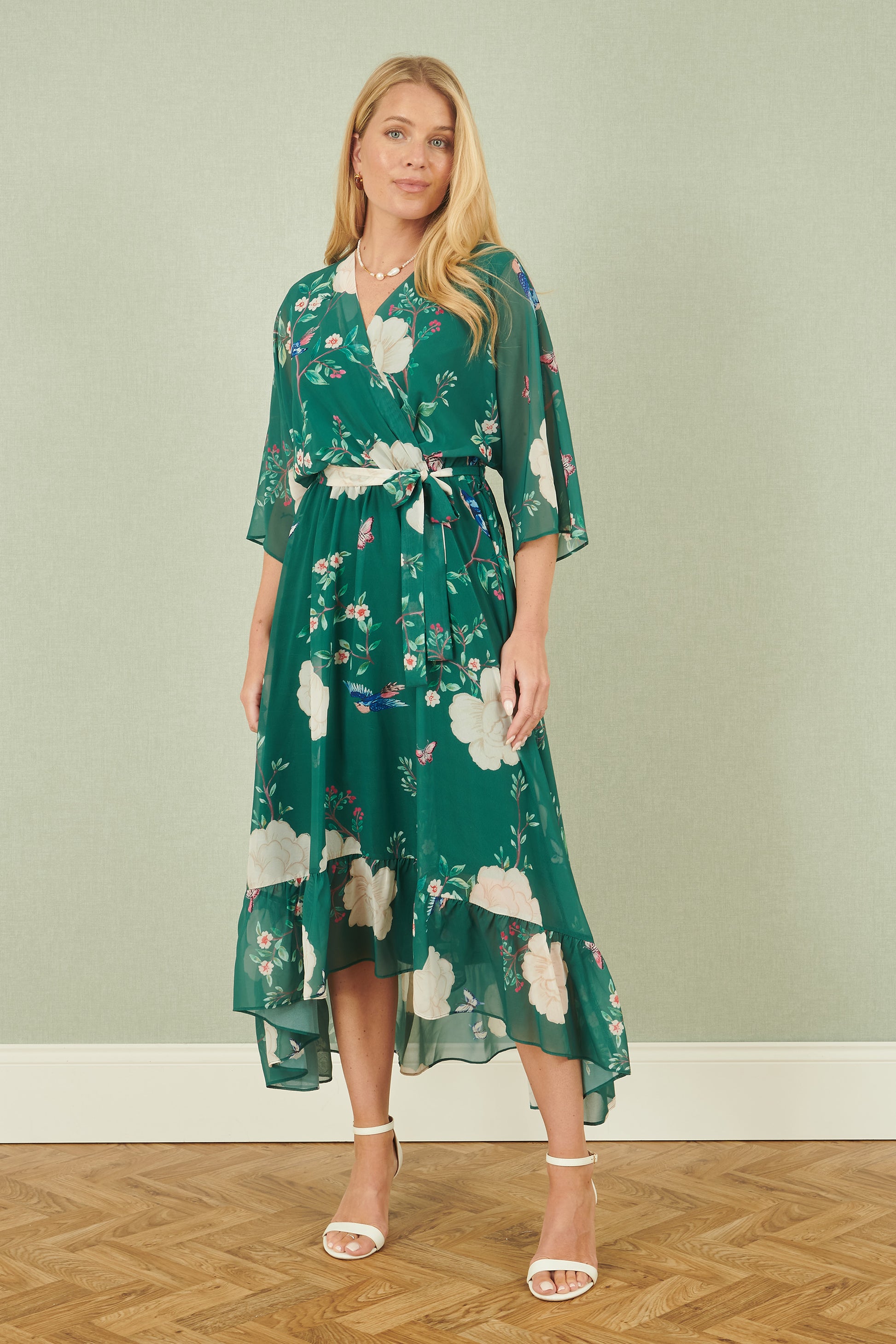 Yumi Green Bird and Floral Print Midi Wrap Dress Occasionwear Yumi