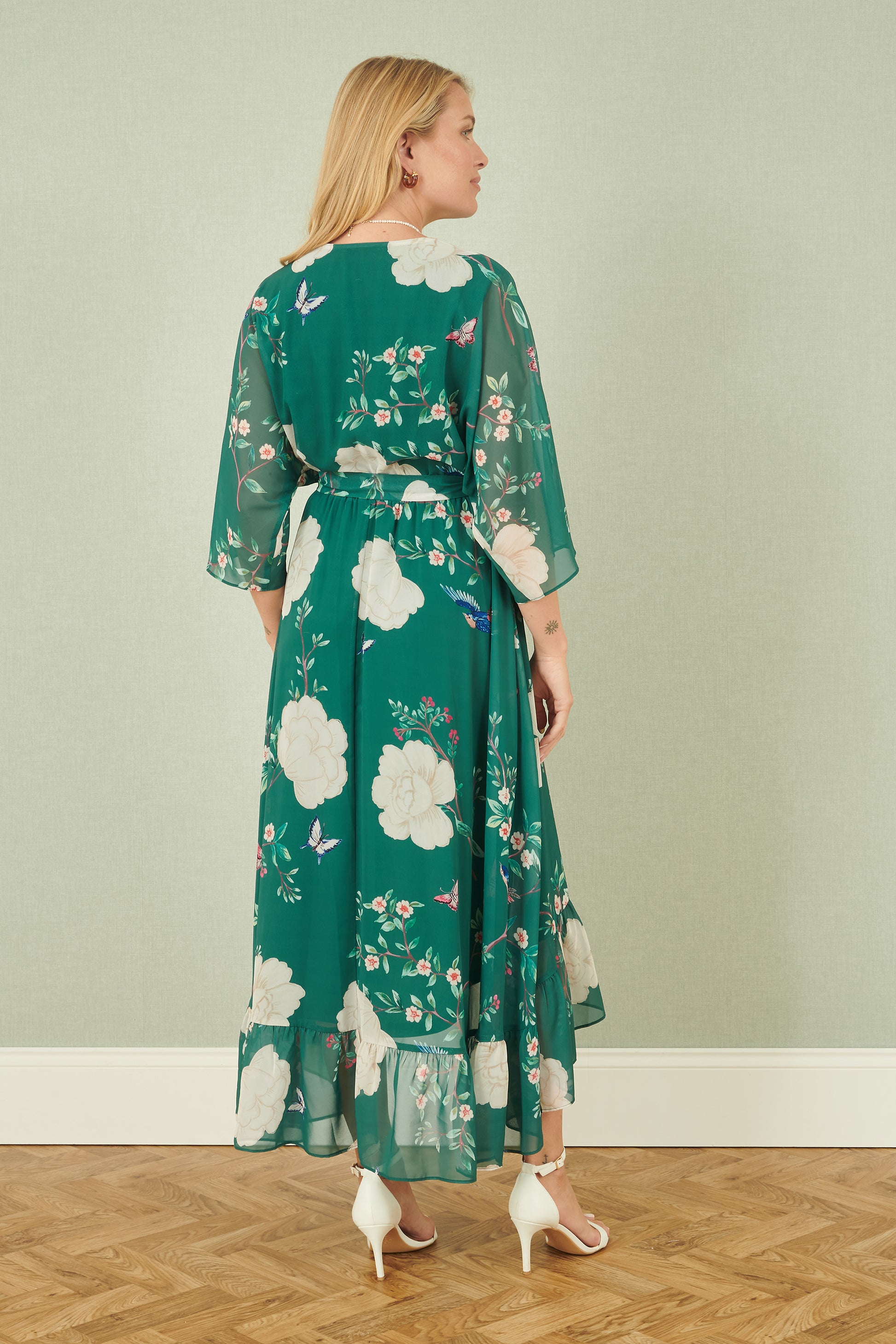 Yumi Green Bird and Floral Print Midi Wrap Dress Occasionwear Yumi