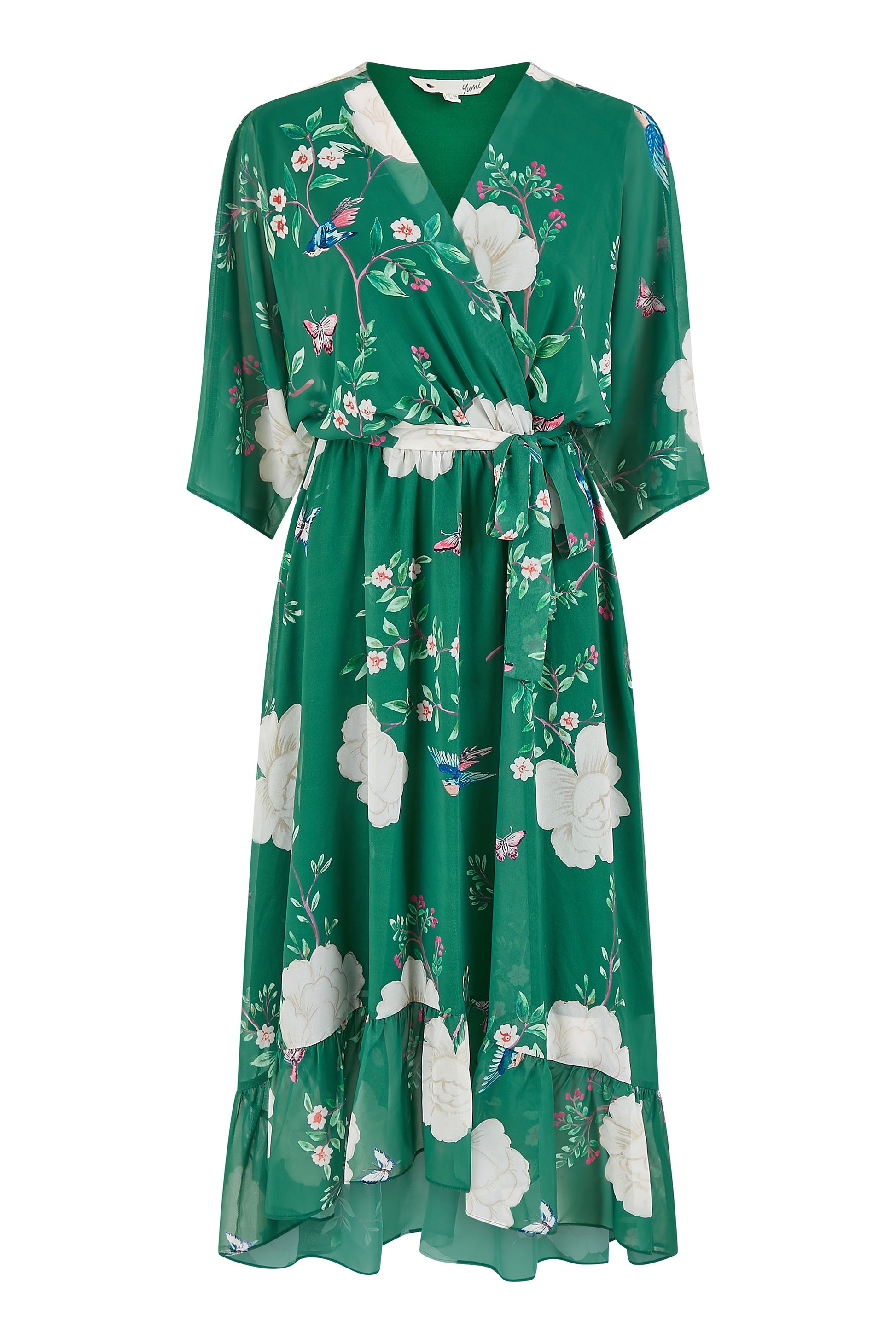 Yumi Green Bird and Floral Print Midi Wrap Dress Occasionwear Yumi