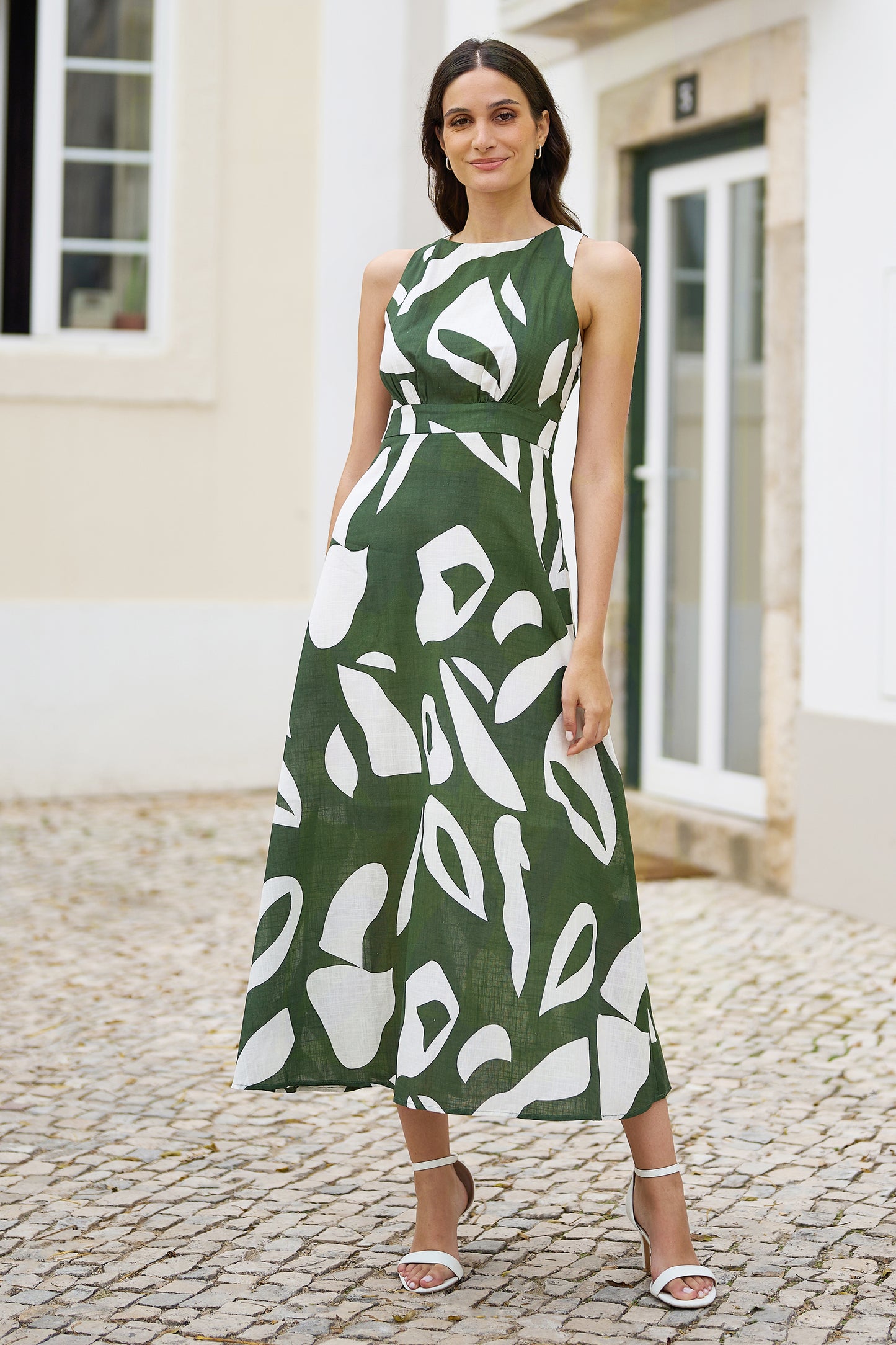 Yumi Green Cotton Abstract Print Maxi Dress With Tie Back DRES Day Yumi