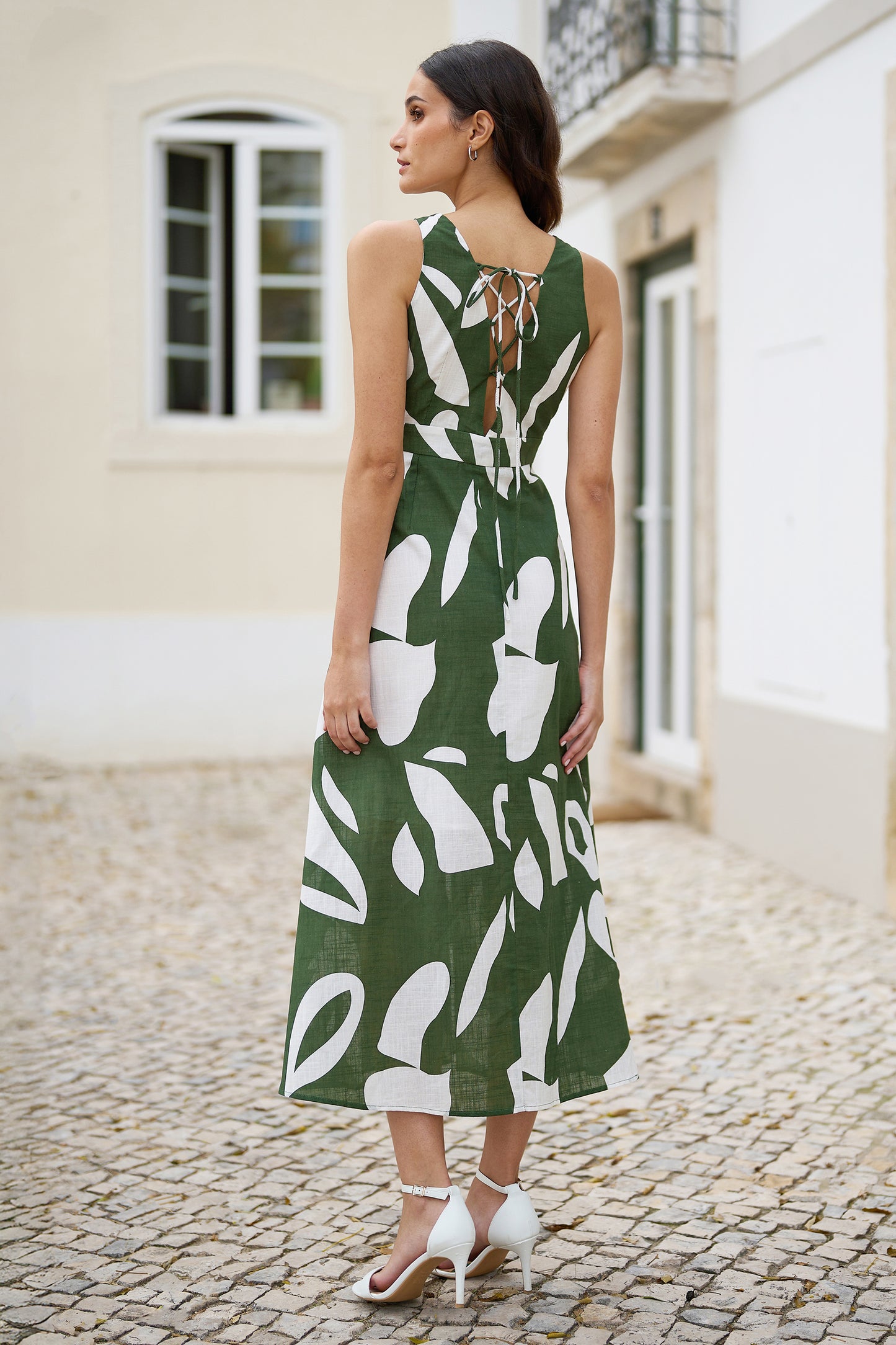 Yumi Green Cotton Abstract Print Maxi Dress With Tie Back DRES Day Yumi