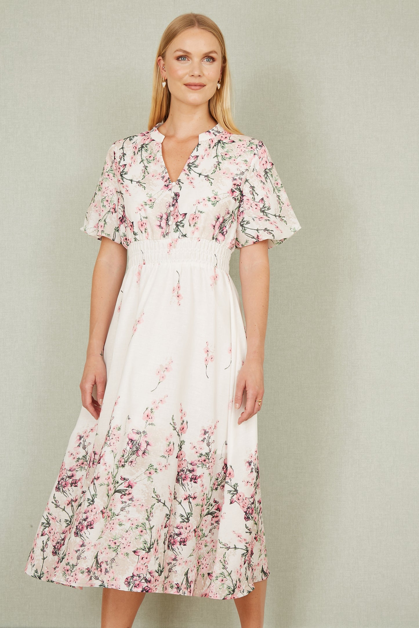 Yumi White Mirrored Floral Button Up Midi Dress With Ruched Waist Occasionwear Yumi