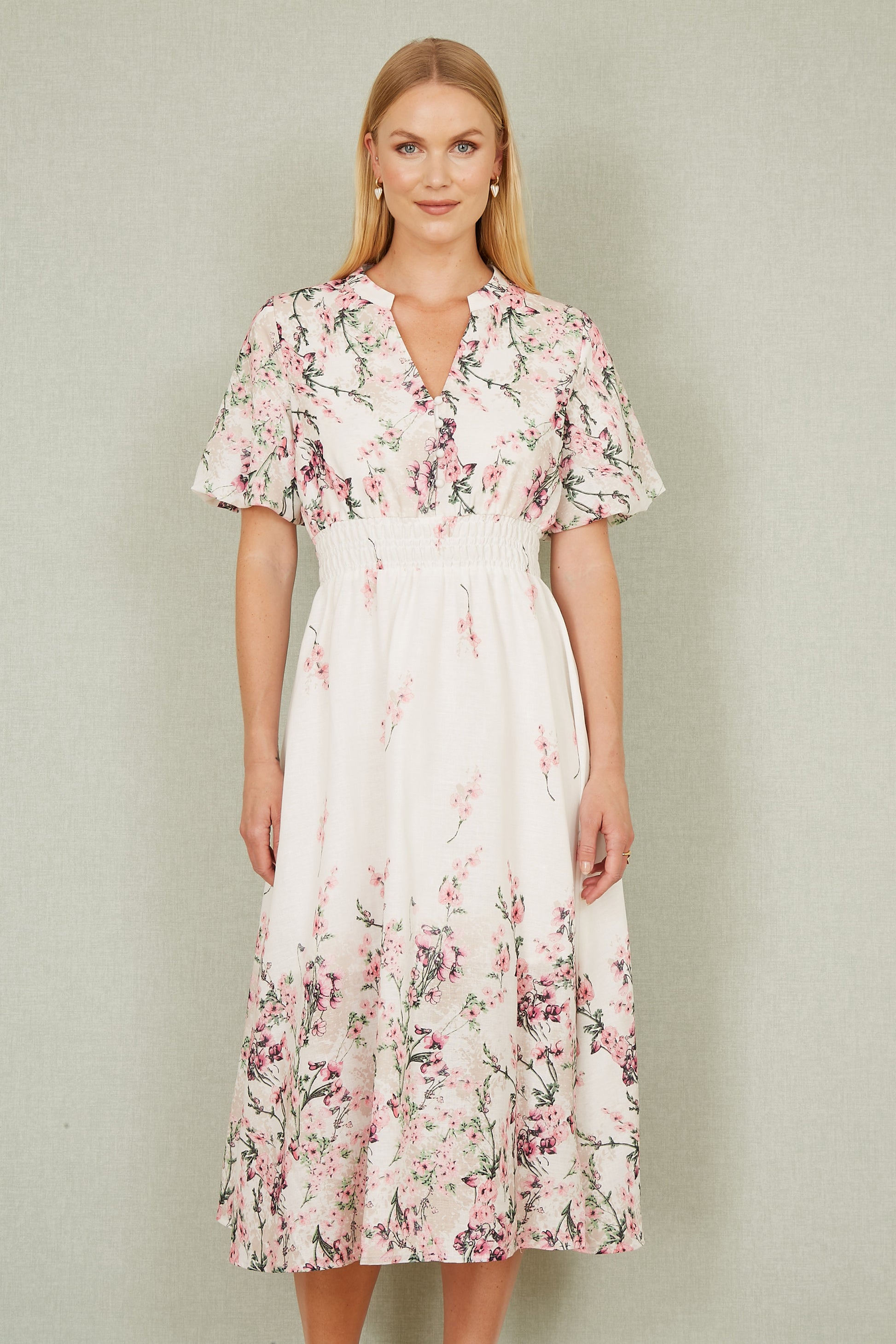 Yumi White Mirrored Floral Button Up Midi Dress With Ruched Waist Occasionwear Yumi