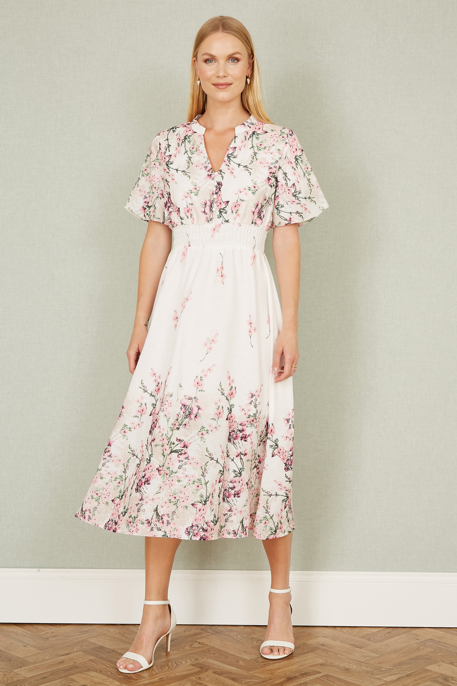 Yumi White Mirrored Floral Button Up Midi Dress With Ruched Waist Occasionwear Yumi