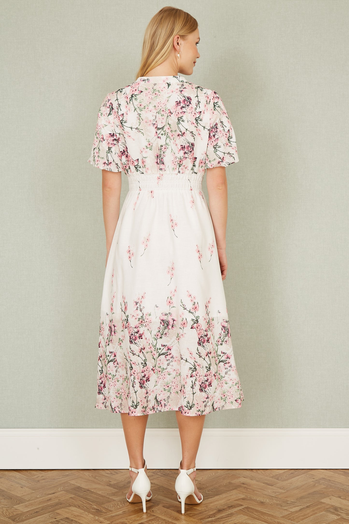 Yumi White Mirrored Floral Button Up Midi Dress With Ruched Waist Occasionwear Yumi