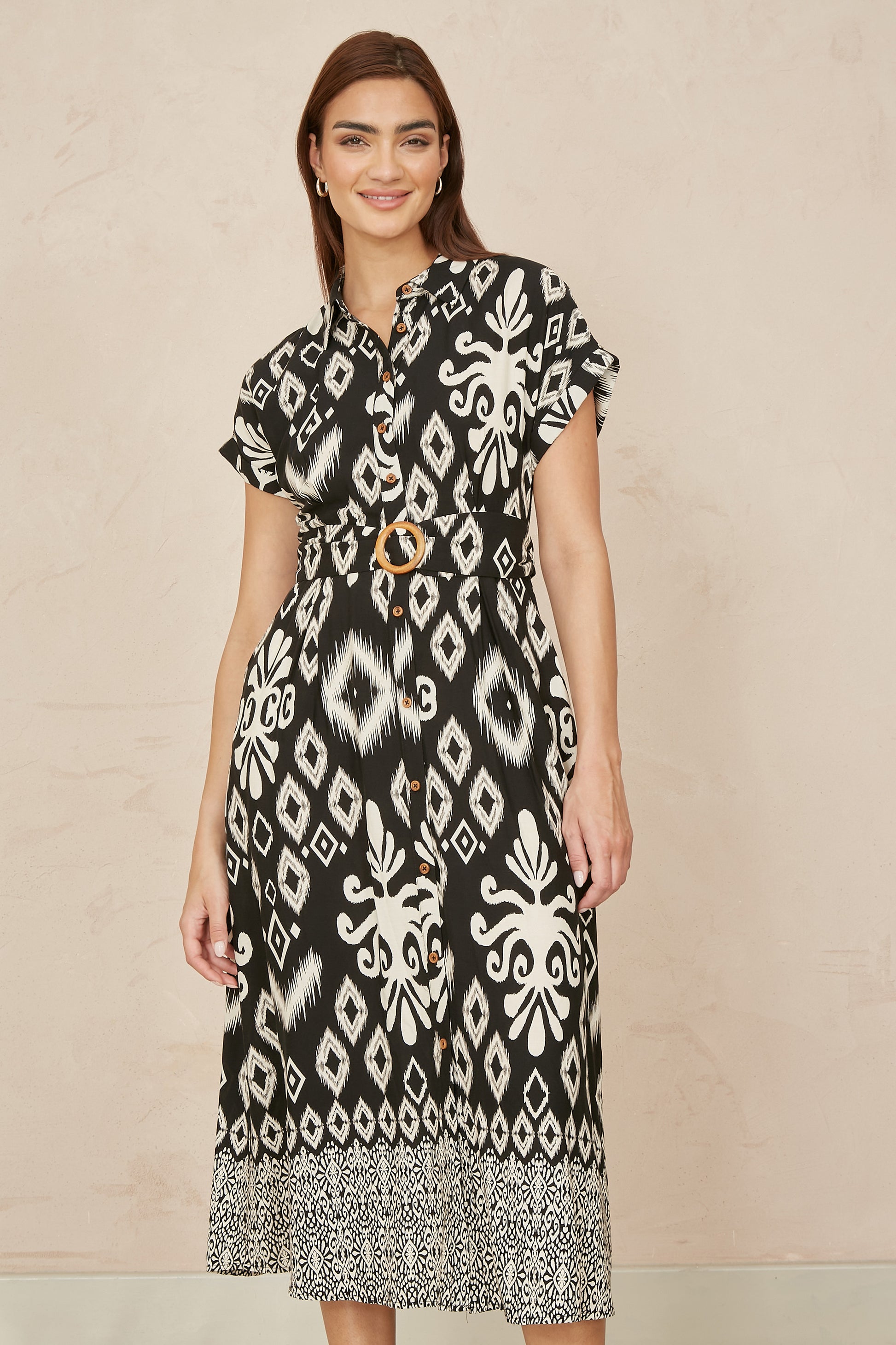 Yumi Black Abstract Geo Print Relaxed Midi Shirt Dress With Belt DRES Day Yumi