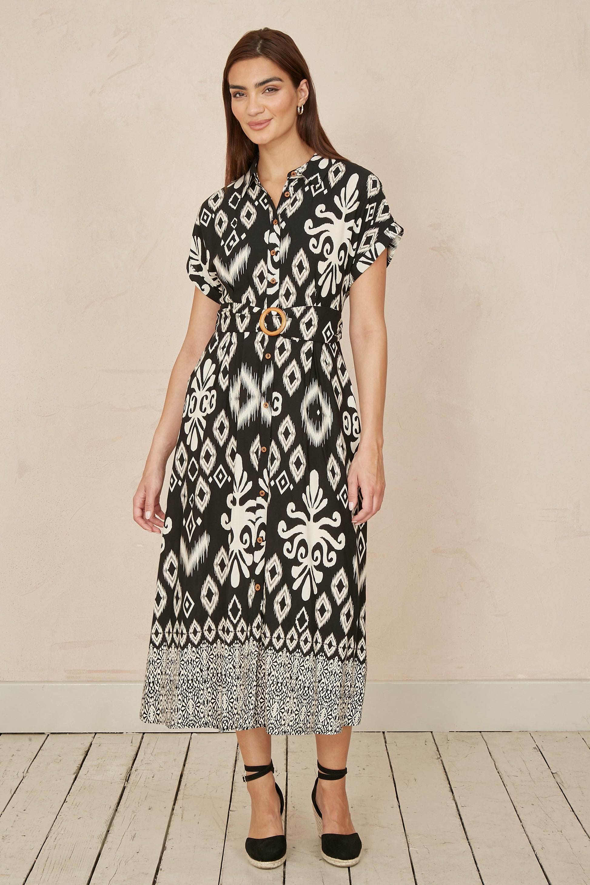 Yumi Black Abstract Geo Print Relaxed Midi Shirt Dress With Belt DRES Day Yumi