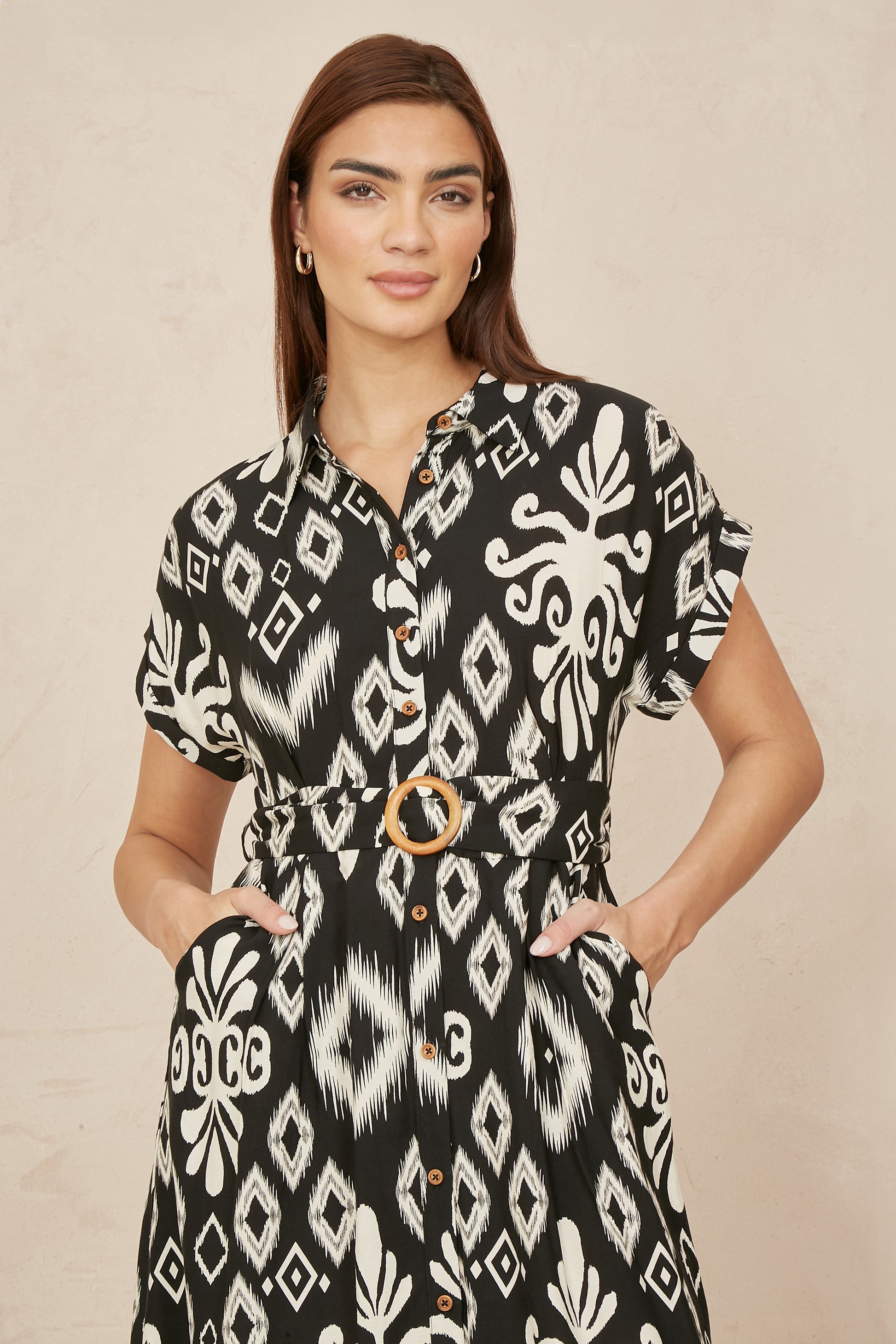 Yumi Black Abstract Geo Print Relaxed Midi Shirt Dress With Belt DRES Day Yumi