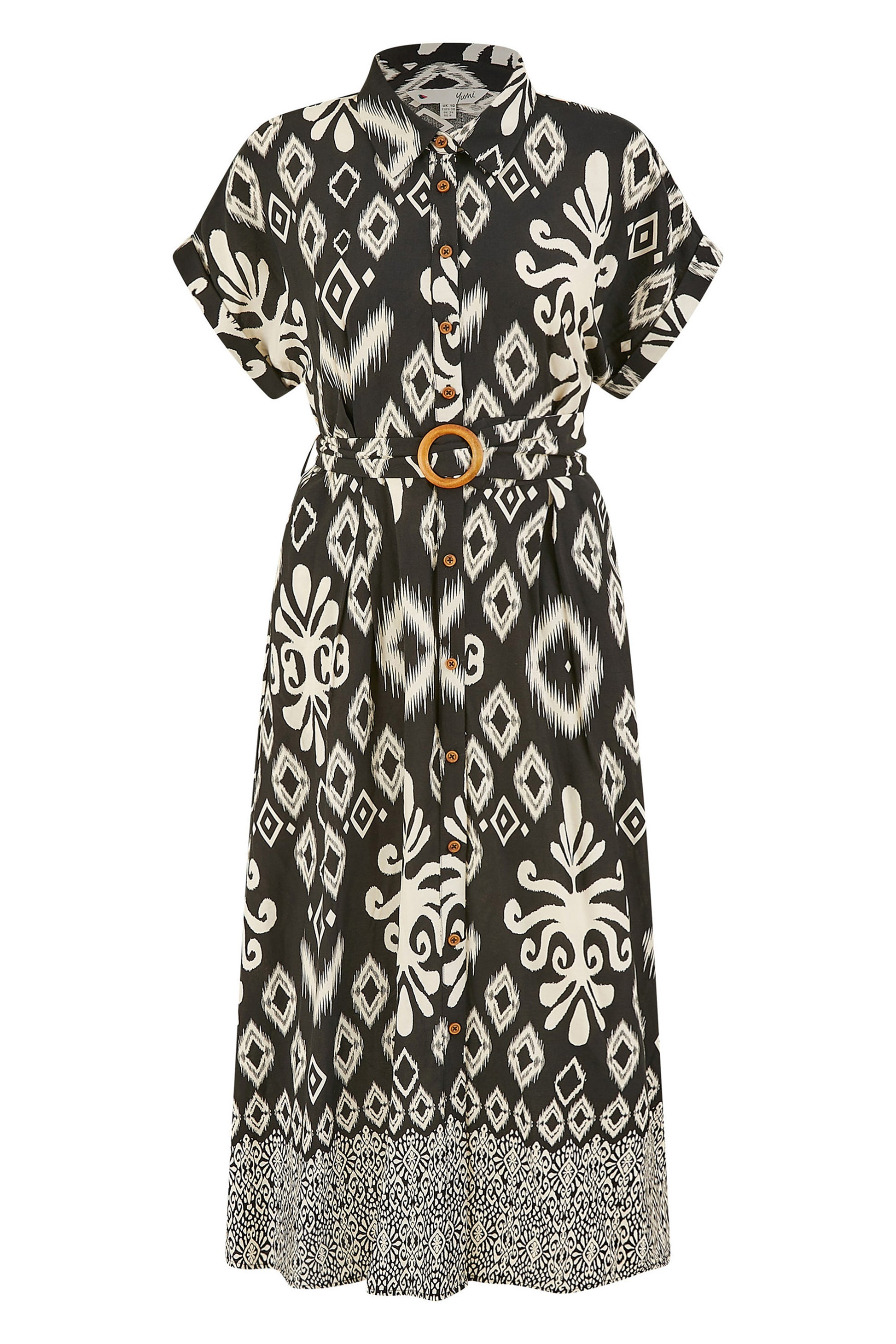 Yumi Black Abstract Geo Print Relaxed Midi Shirt Dress With Belt DRES Day Yumi