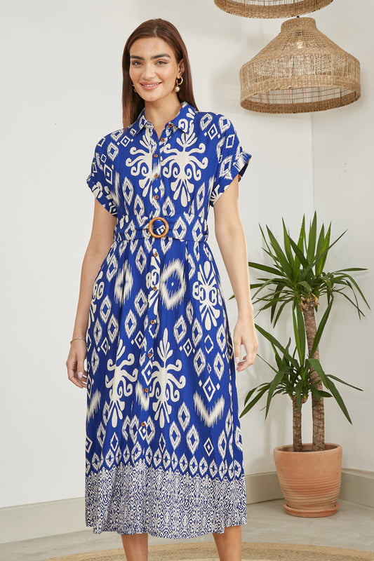 Yumi Blue Abstract Geo Print Relaxed Midi Shirt Dress With Belt DRESS Yumi