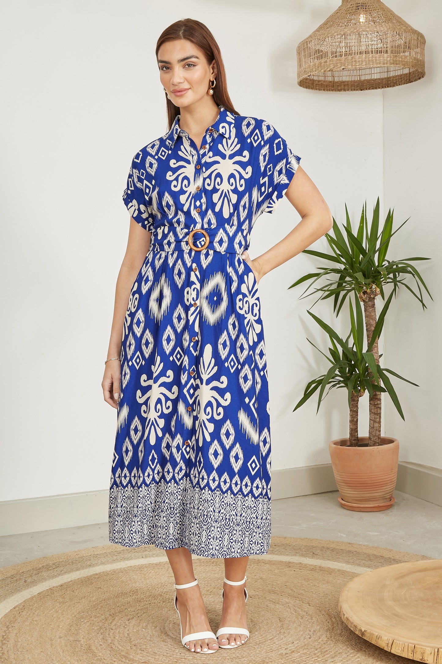 Yumi Blue Abstract Geo Print Relaxed Midi Shirt Dress With Belt DRESS Yumi