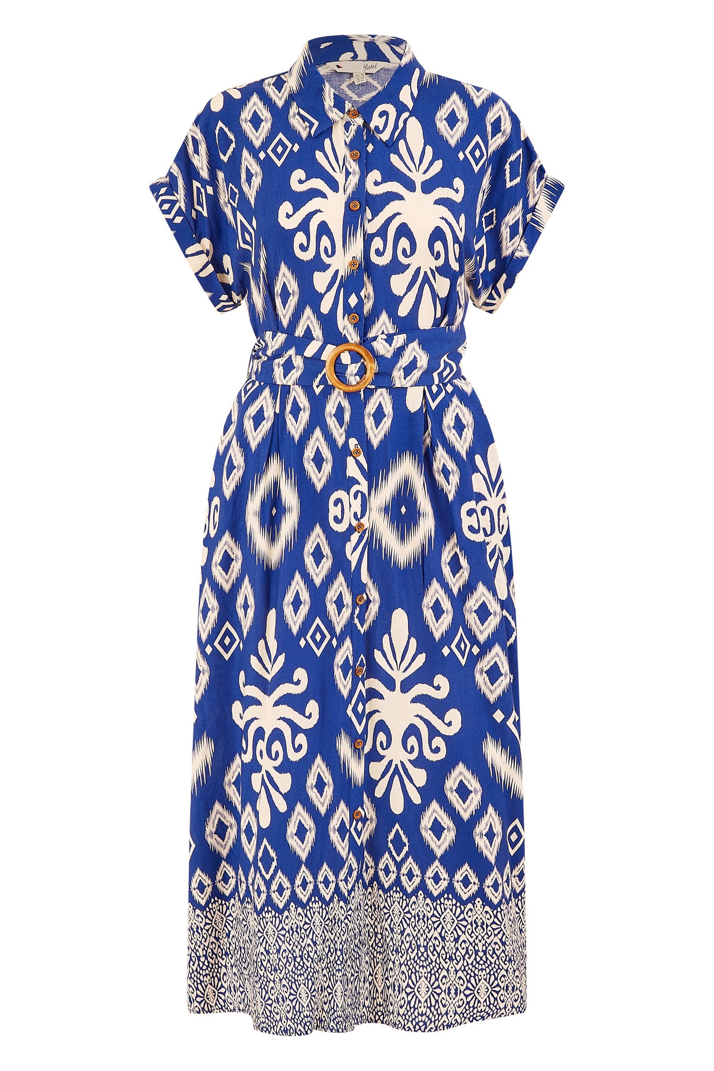 Yumi Blue Abstract Geo Print Relaxed Midi Shirt Dress With Belt DRESS Yumi