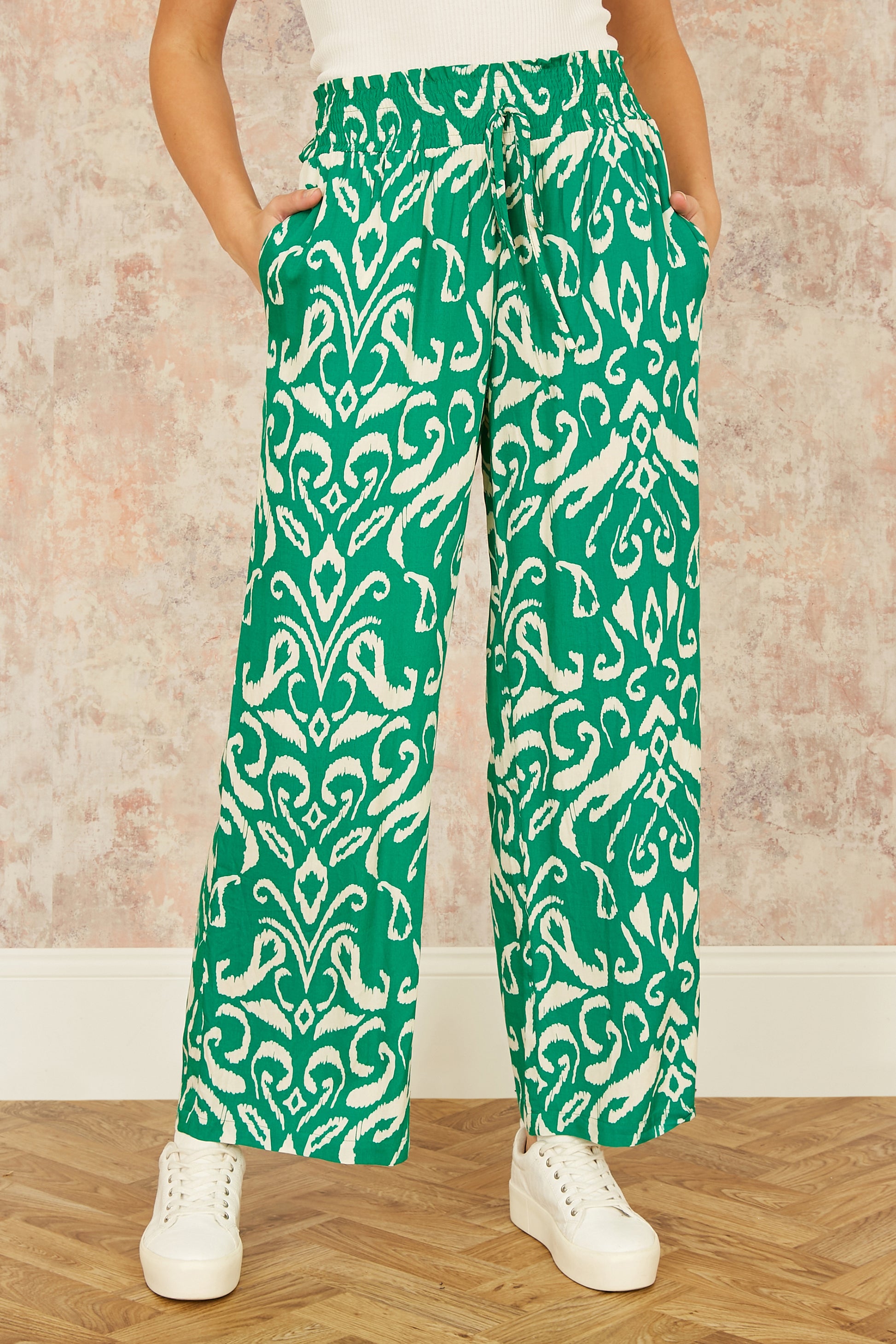 Yumi Green Ikat Print Relaxed Fit Trousers TROUSER Yumi