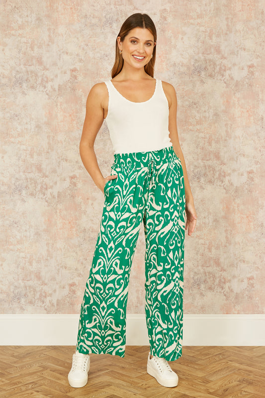 Yumi Green Ikat Print Relaxed Fit Trousers TROUSER Yumi