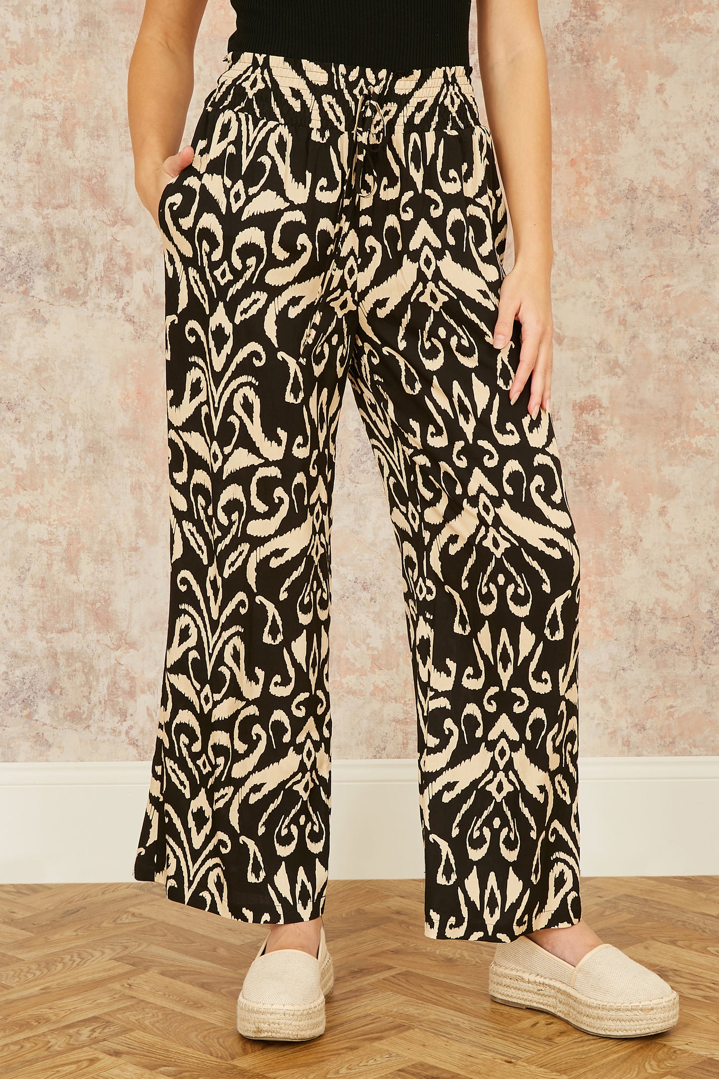 Yumi Black Ikat Print Relaxed Fit Trousers TROUSER Yumi