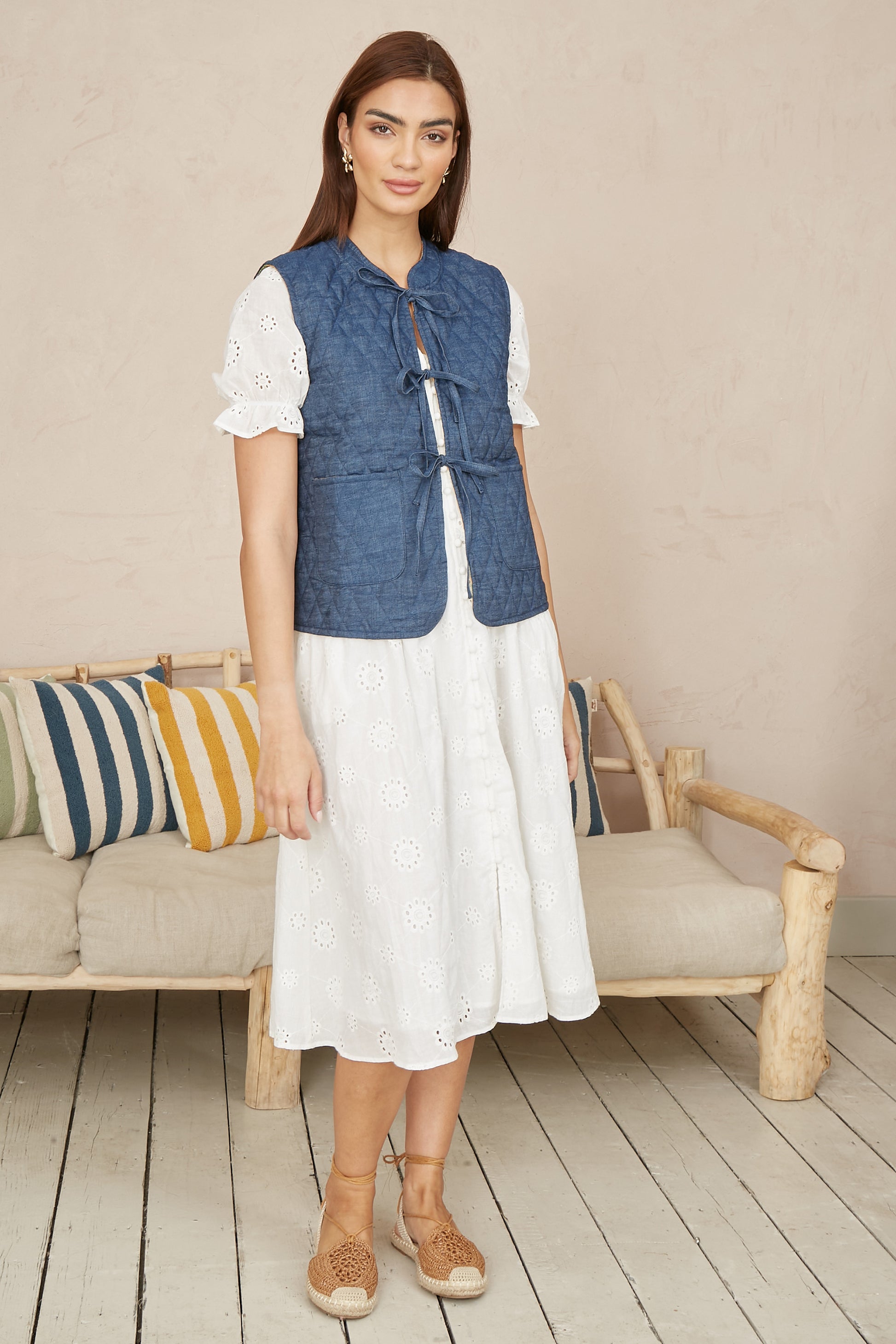 Yumi Blue Chambray Cotton Quilted Reversible Vest WAISTCOAT Yumi