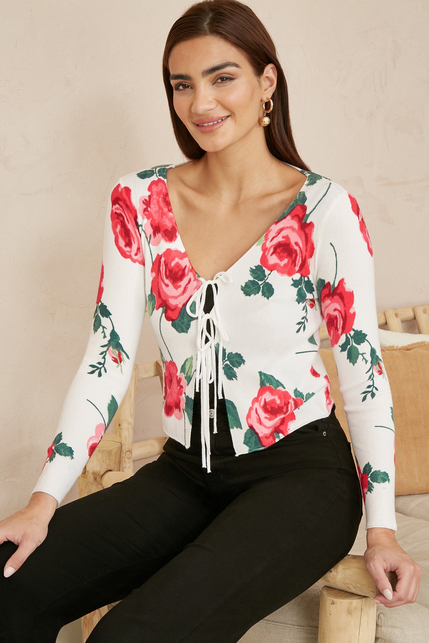 Yumi White Rose Print Cardigan With Tie Front KNIT Cardi Yumi