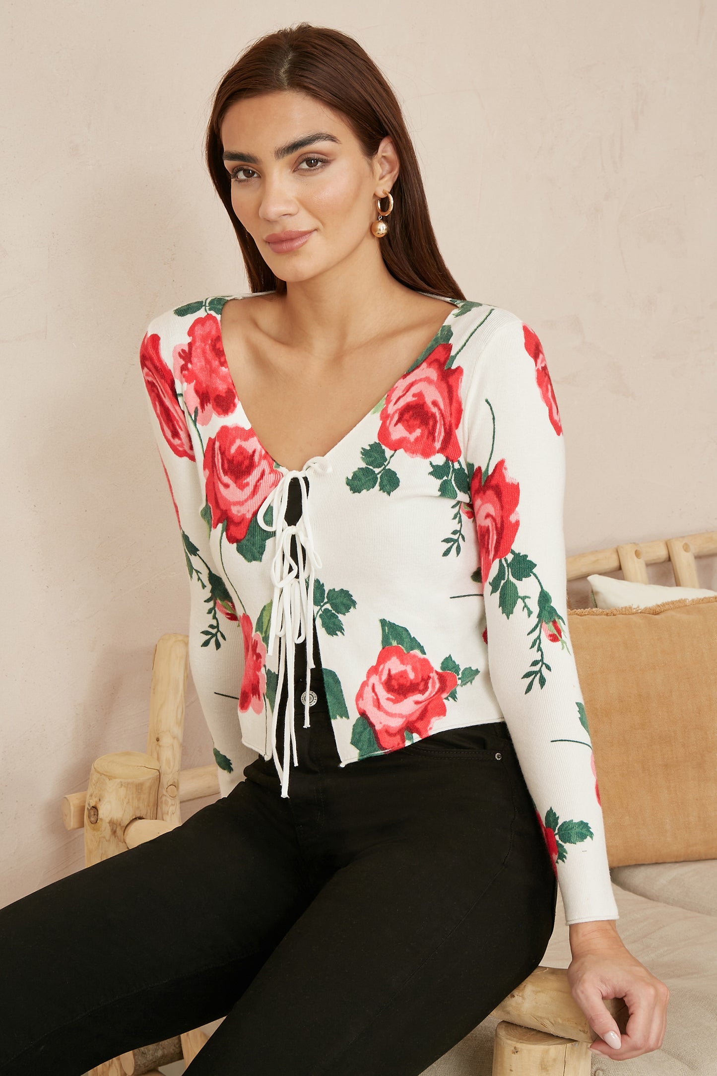 Yumi White Rose Print Cardigan With Tie Front KNIT Cardi Yumi