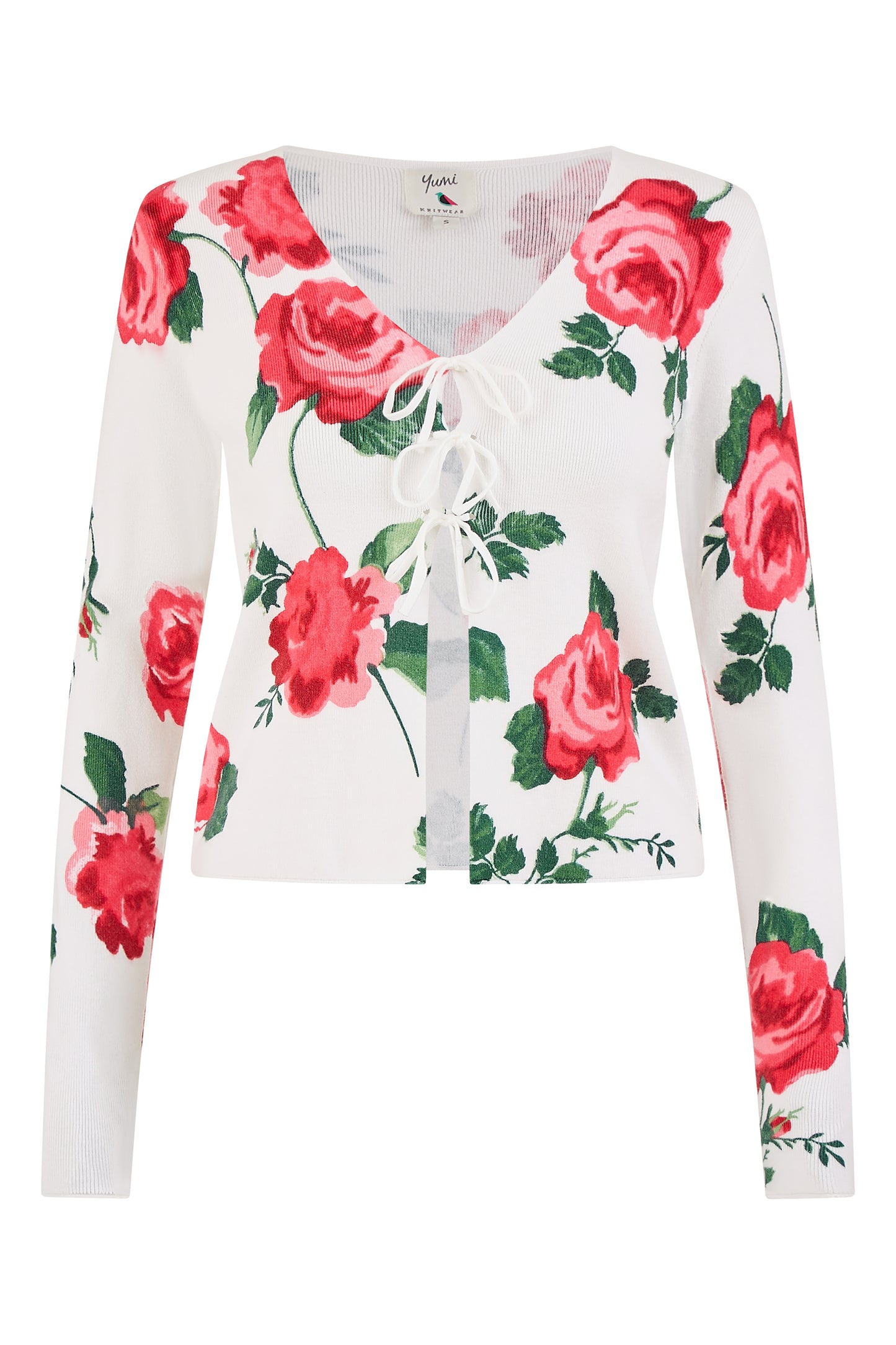 Yumi White Rose Print Cardigan With Tie Front KNIT Cardi Yumi