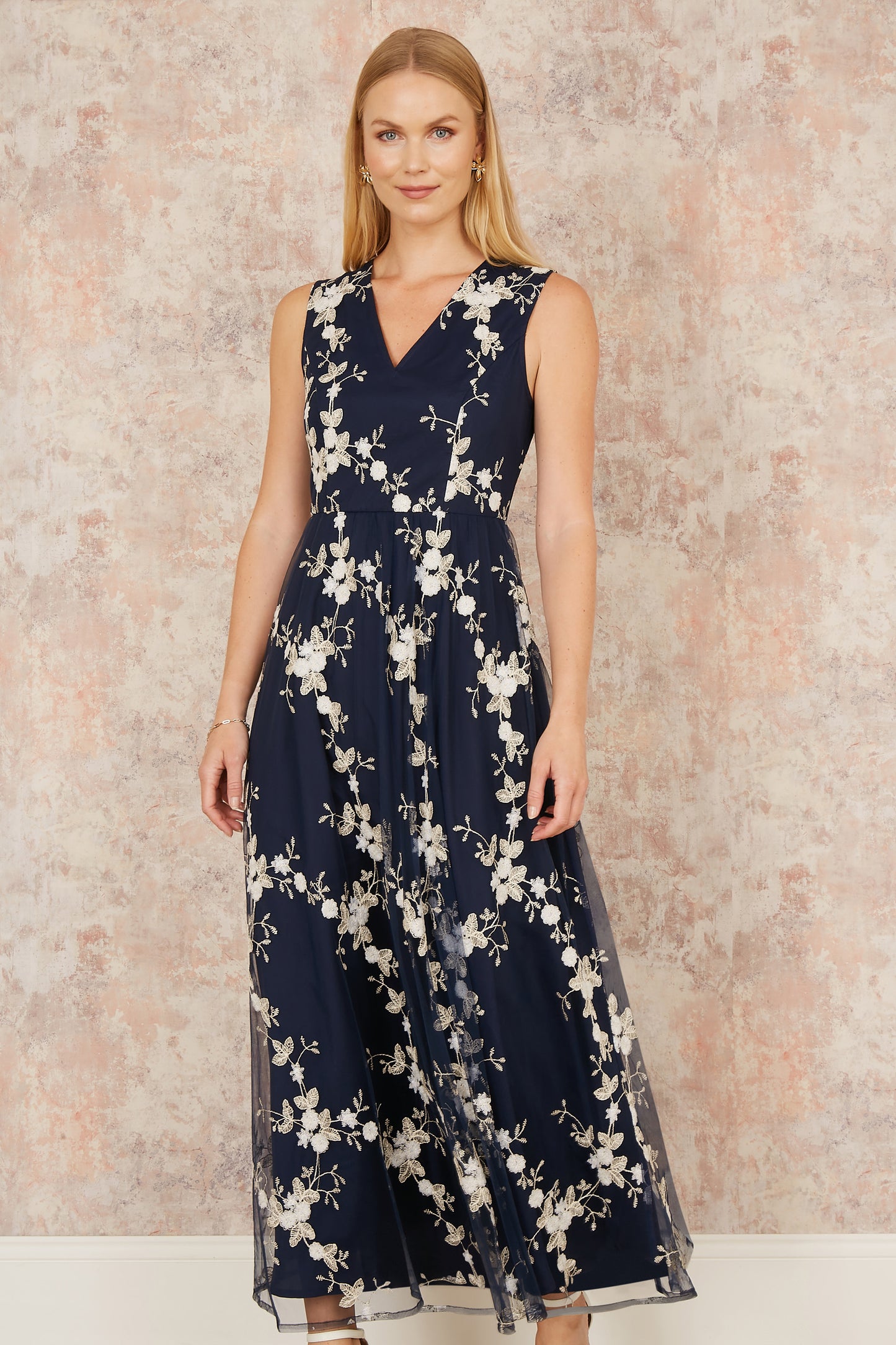 Yumi Navy Mesh Embroidered Maxi Dress Occasionwear Yumi