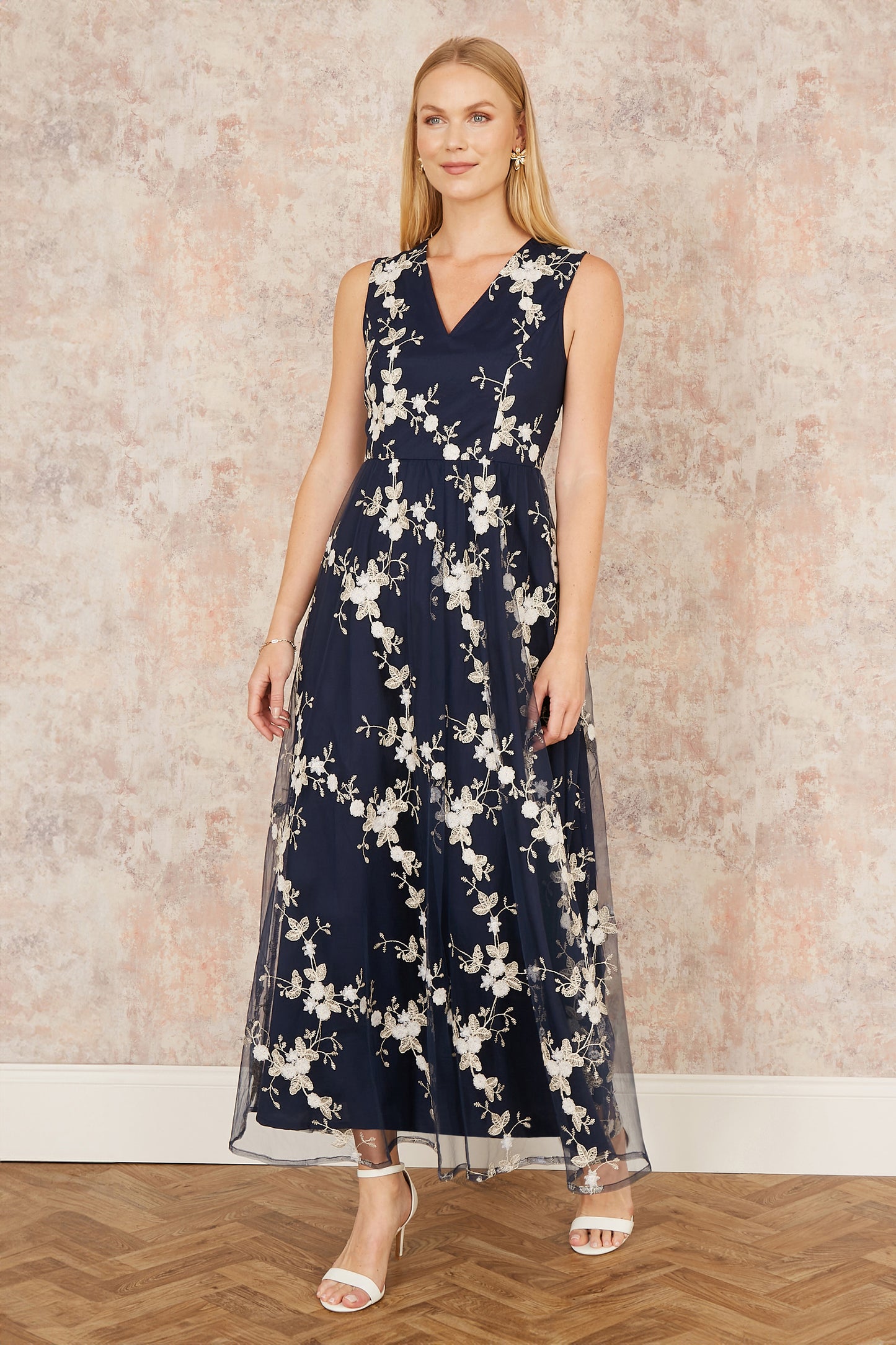 Yumi Navy Mesh Embroidered Maxi Dress Occasionwear Yumi