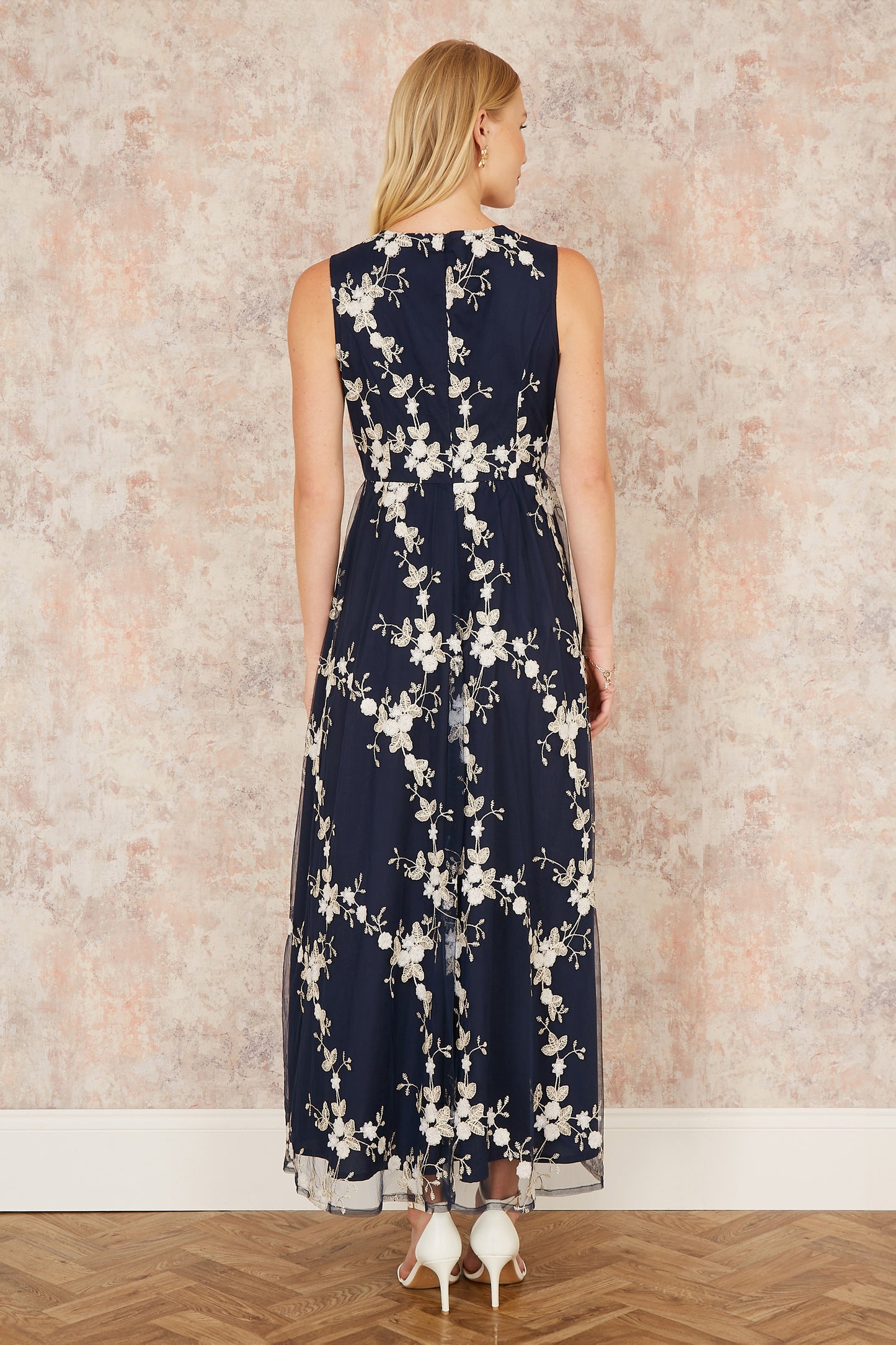 Yumi Navy Mesh Embroidered Maxi Dress Occasionwear Yumi