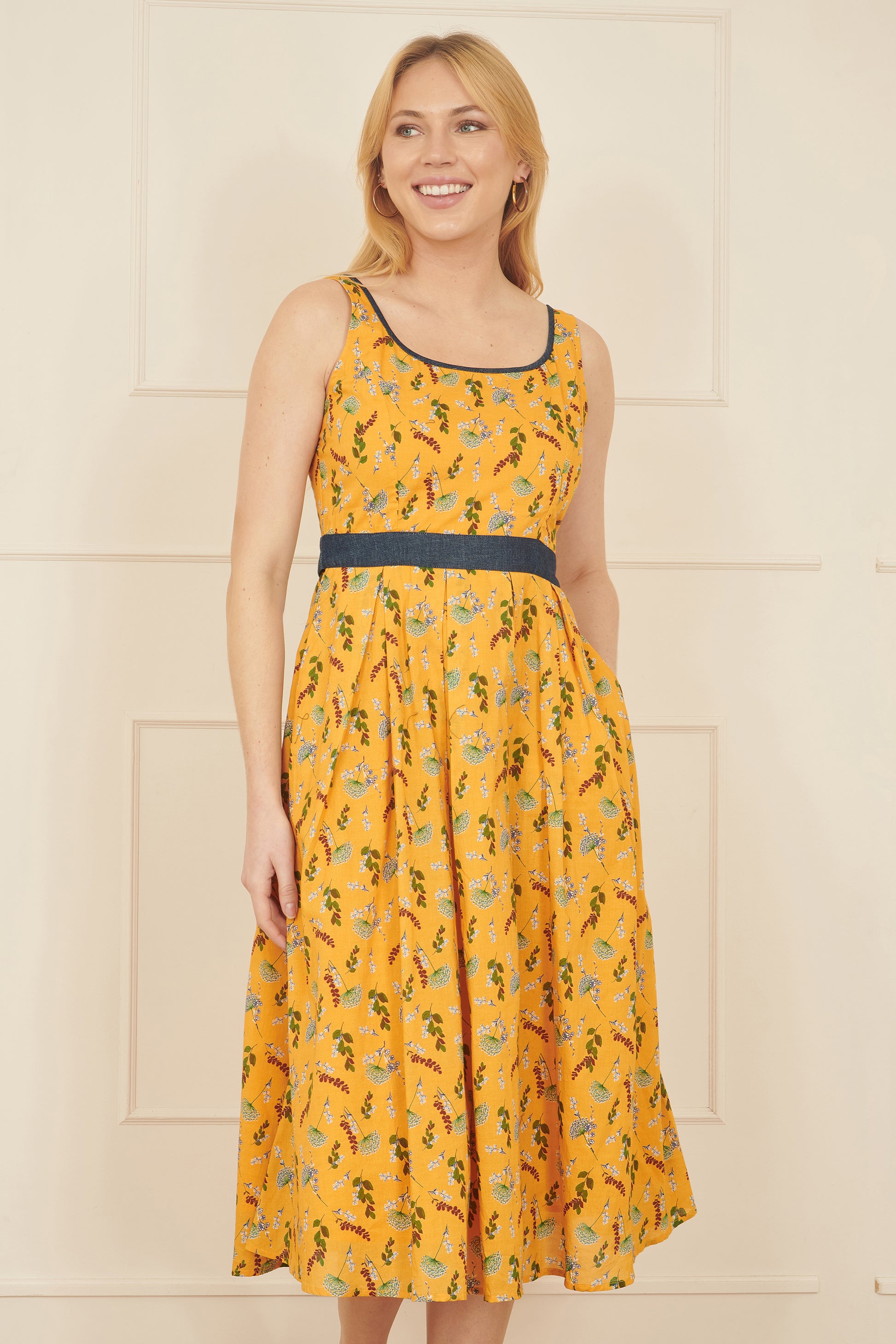 Yumi Mustard Floral Skater Dress With Denim Trims DRES Day Yumi