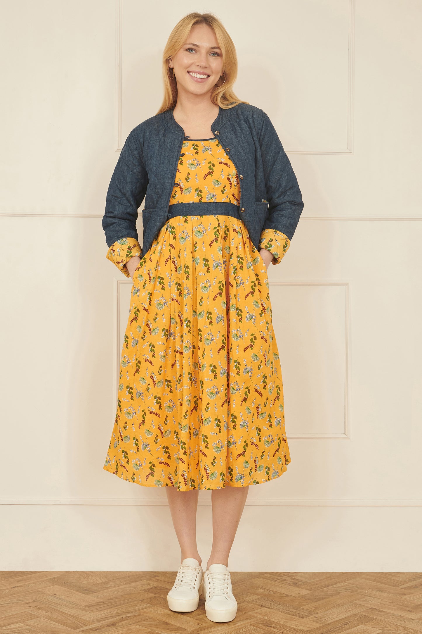 Yumi Mustard Floral Skater Dress With Denim Trims DRES Day Yumi