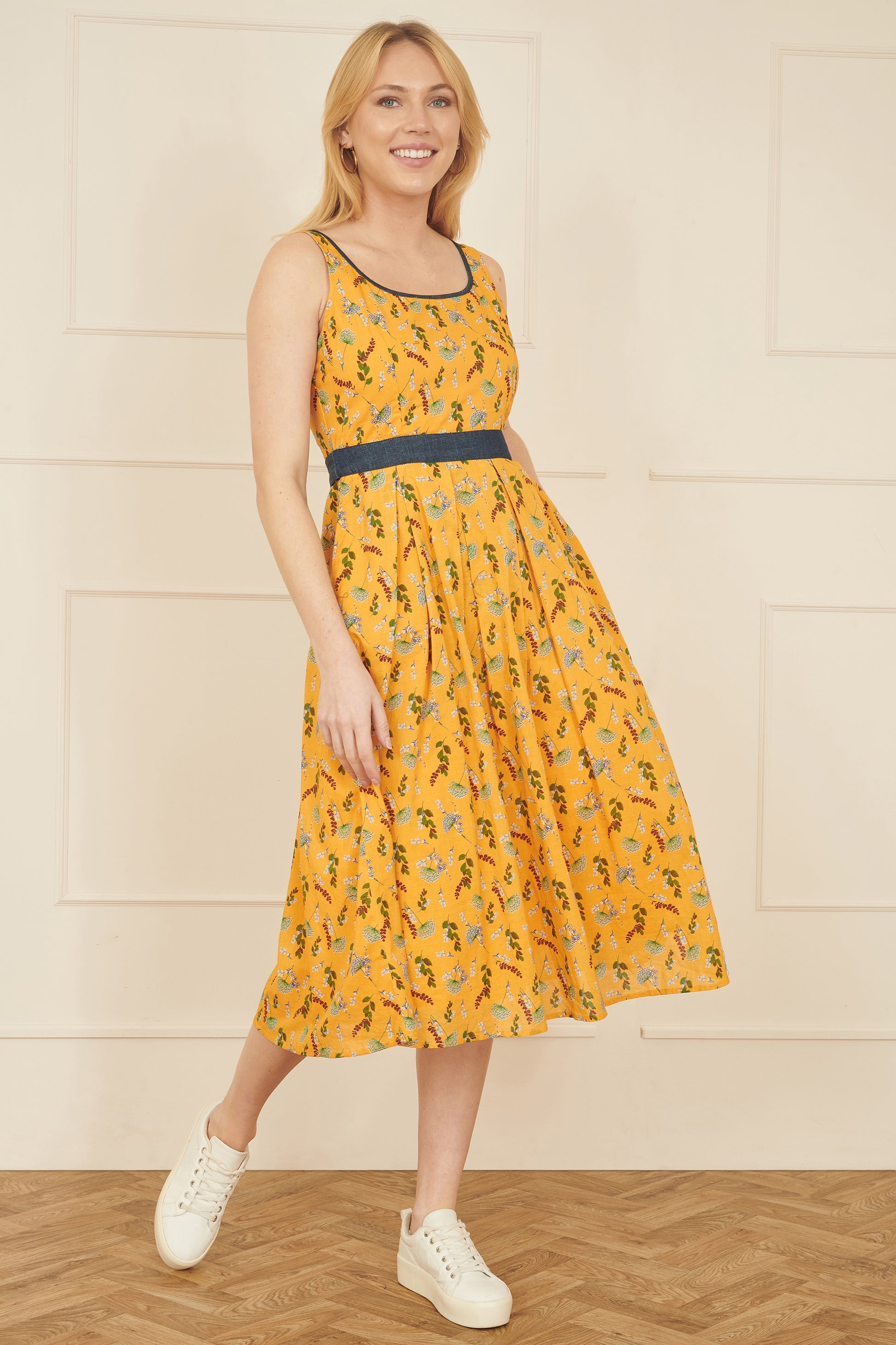 Yumi Mustard Floral Skater Dress With Denim Trims DRES Day Yumi