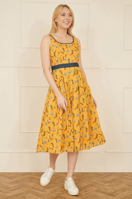 Yumi Mustard Floral Skater Dress With Denim Trims DRES Day Yumi