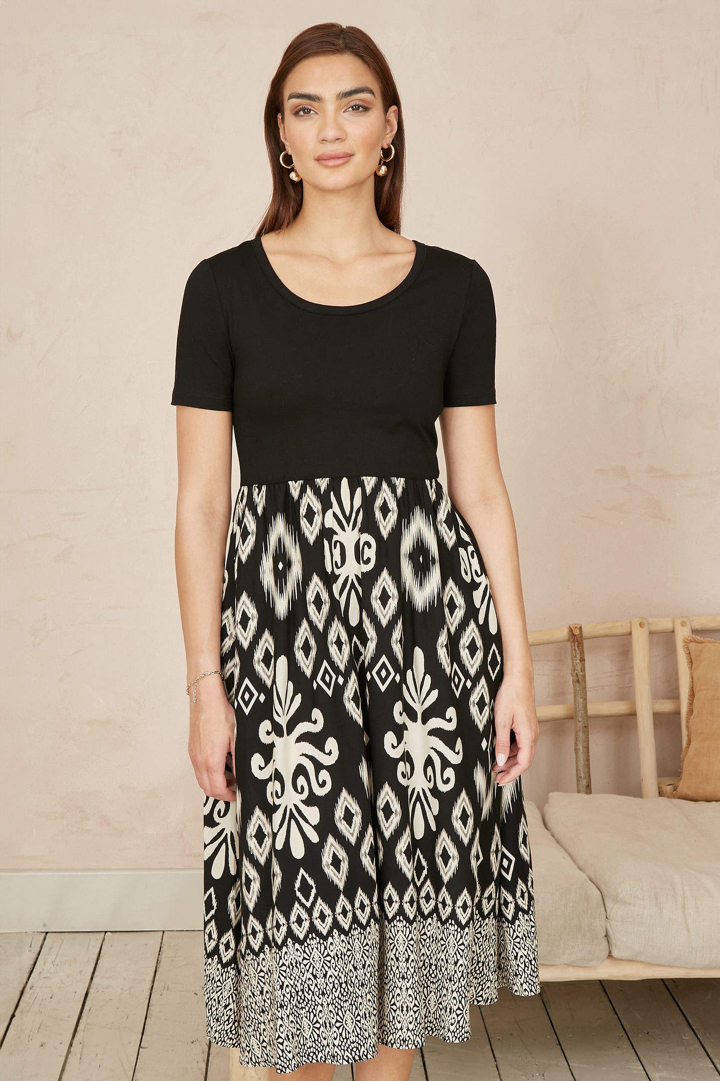 Yumi Black Jersey Stretch Top And Ikat Skirt Midi Dress DRES Day Yumi