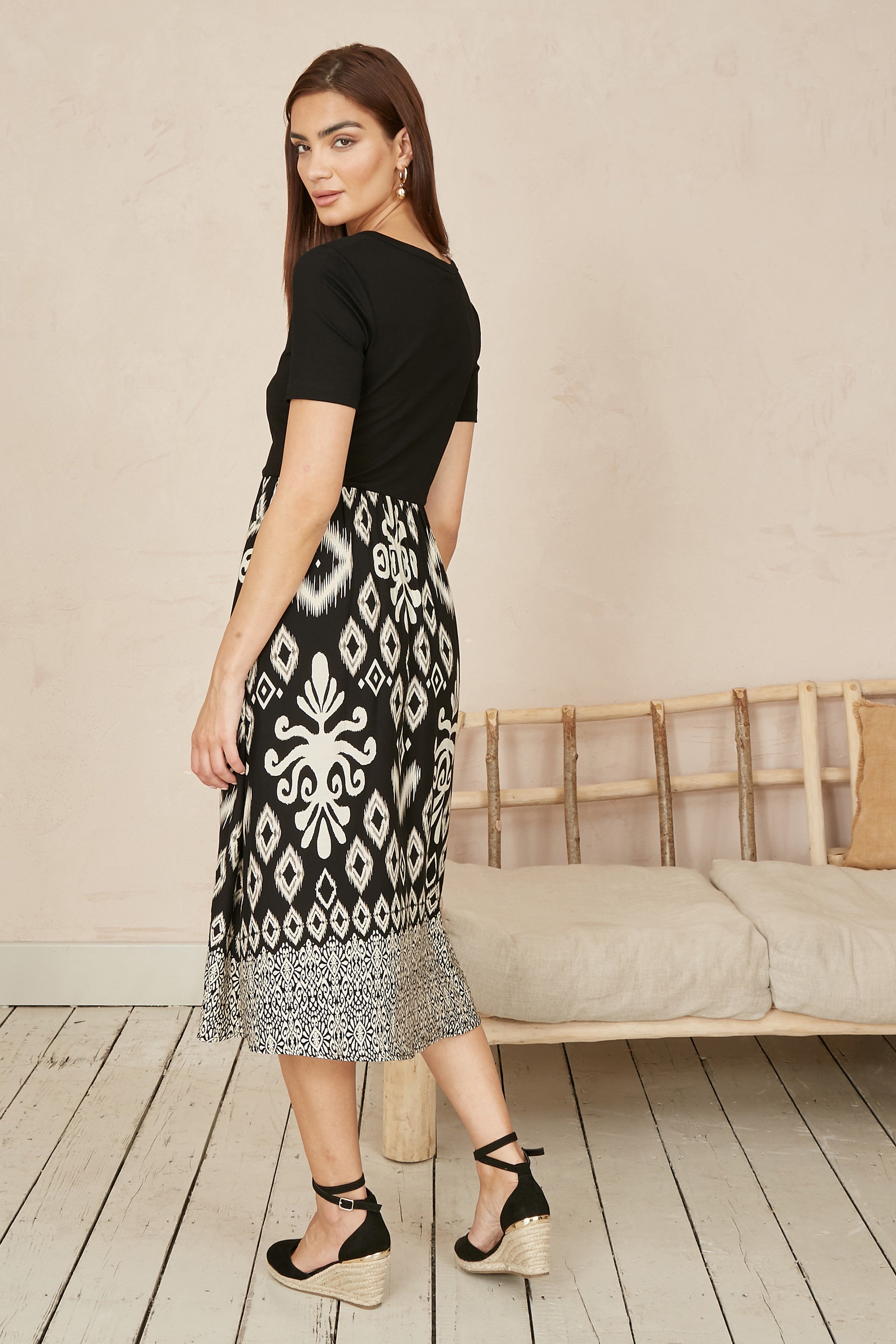 Yumi Black Jersey Stretch Top And Ikat Skirt Midi Dress DRES Day Yumi