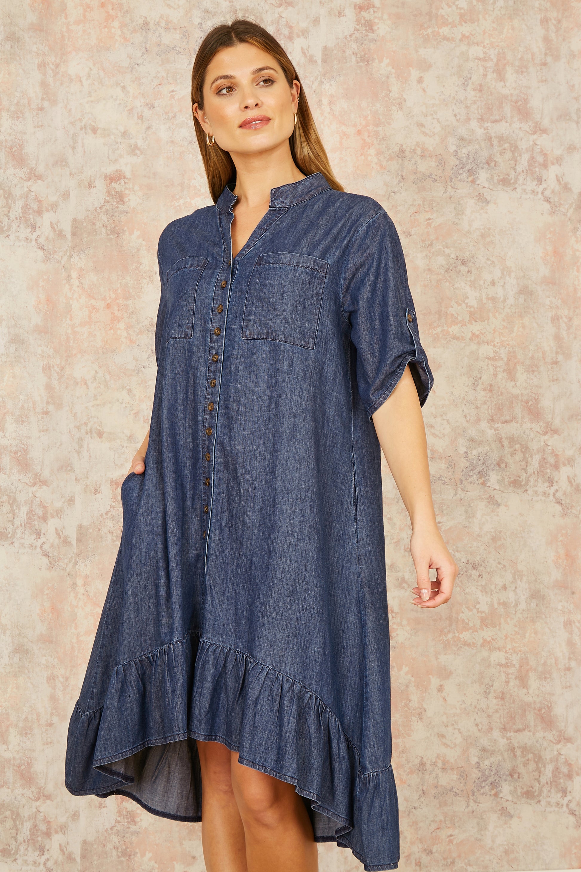 Yumi Blue Chambray Denim Dip Hem Relaxed Fit Shirt Dress DRESS Yumi