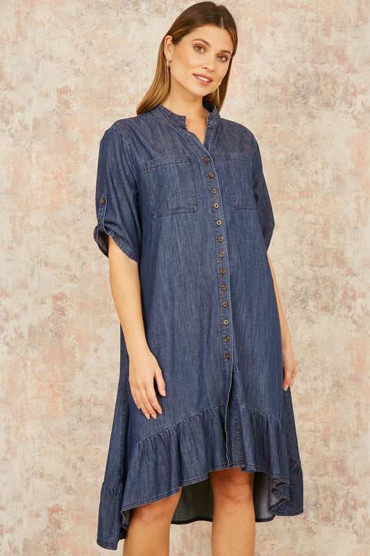 Yumi Blue Chambray Denim Dip Hem Relaxed Fit Shirt Dress DRESS Yumi