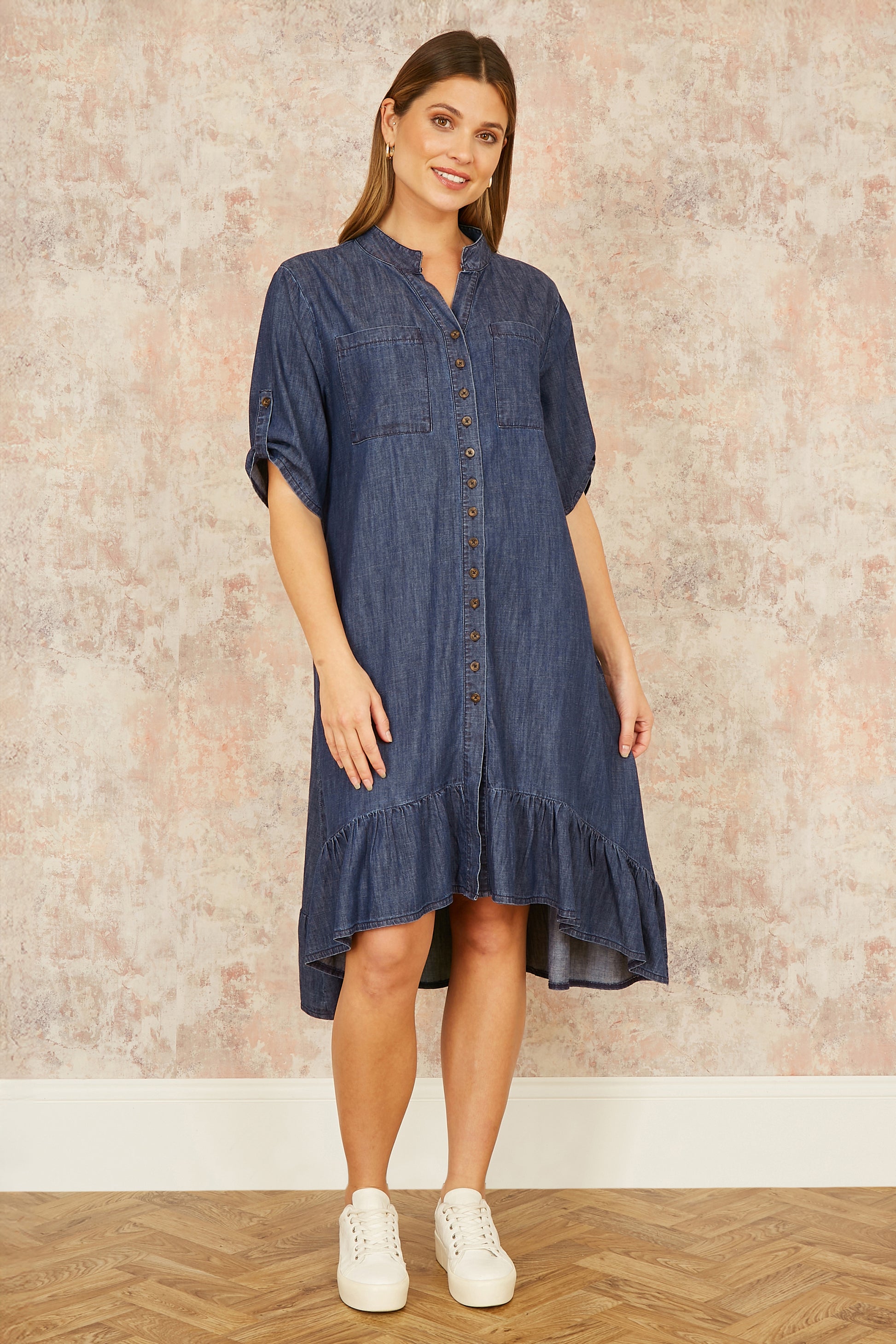 Yumi Blue Chambray Denim Dip Hem Relaxed Fit Shirt Dress DRESS Yumi