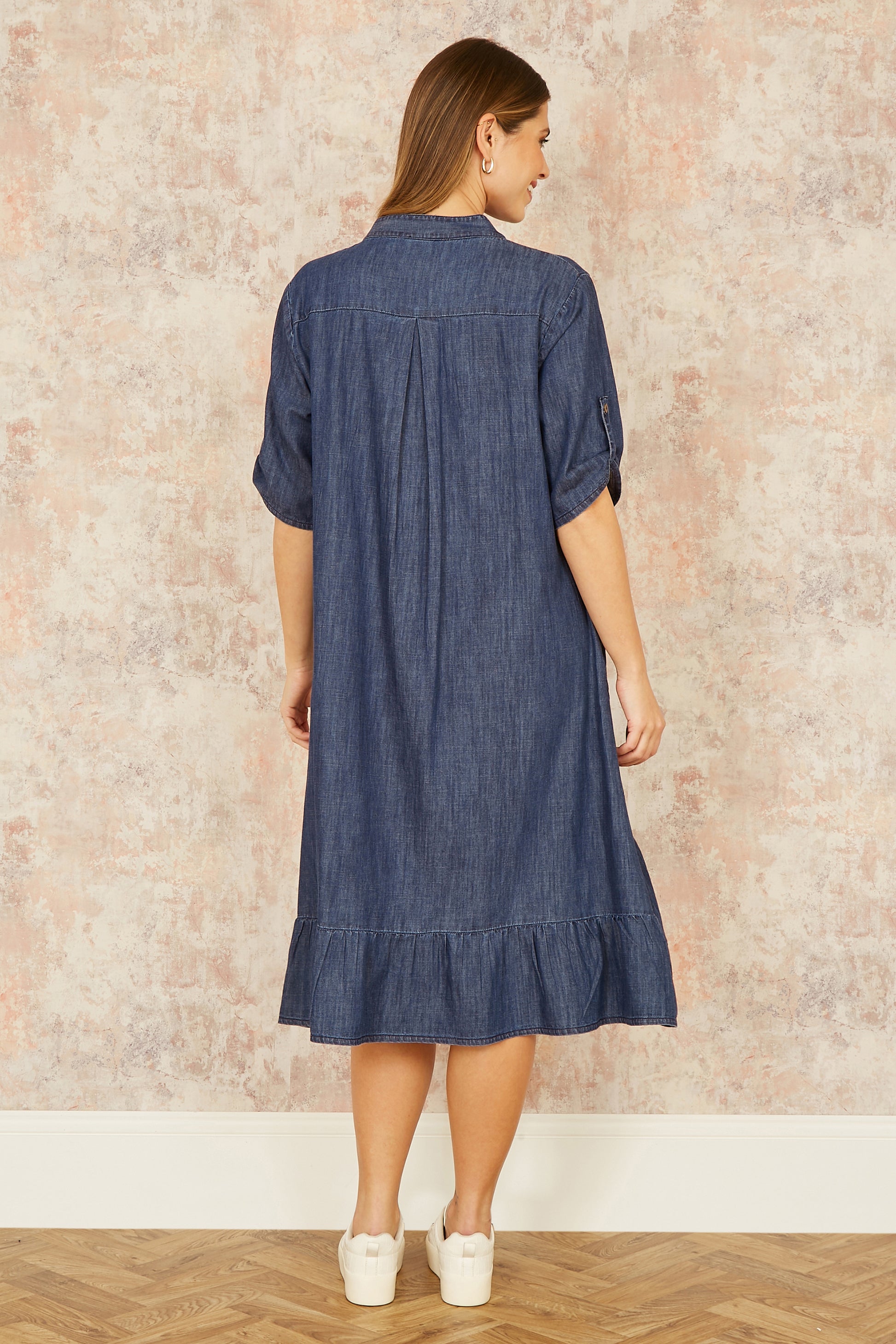 Yumi Blue Chambray Denim Dip Hem Relaxed Fit Shirt Dress DRESS Yumi